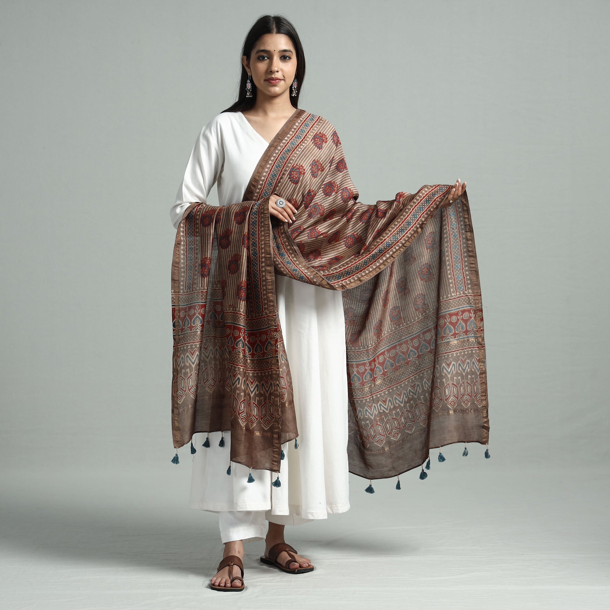 RIYAZ ABDULMAJID KHATRI - AJRAKH Brown - Hand Block Print Chanderi Silk Ajrakh Dupatta - view 2