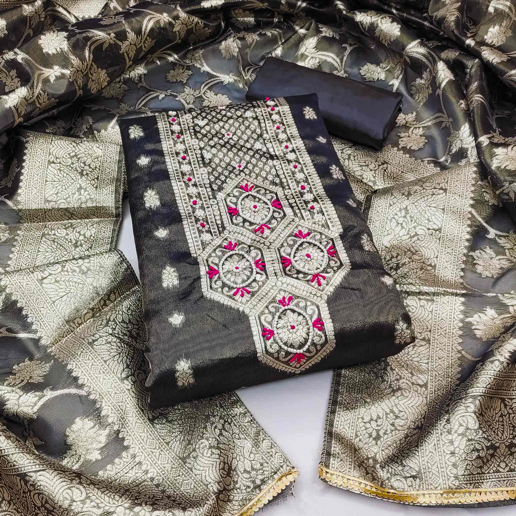 Peachmode Grey Woven Banarasi Silk Dress Material