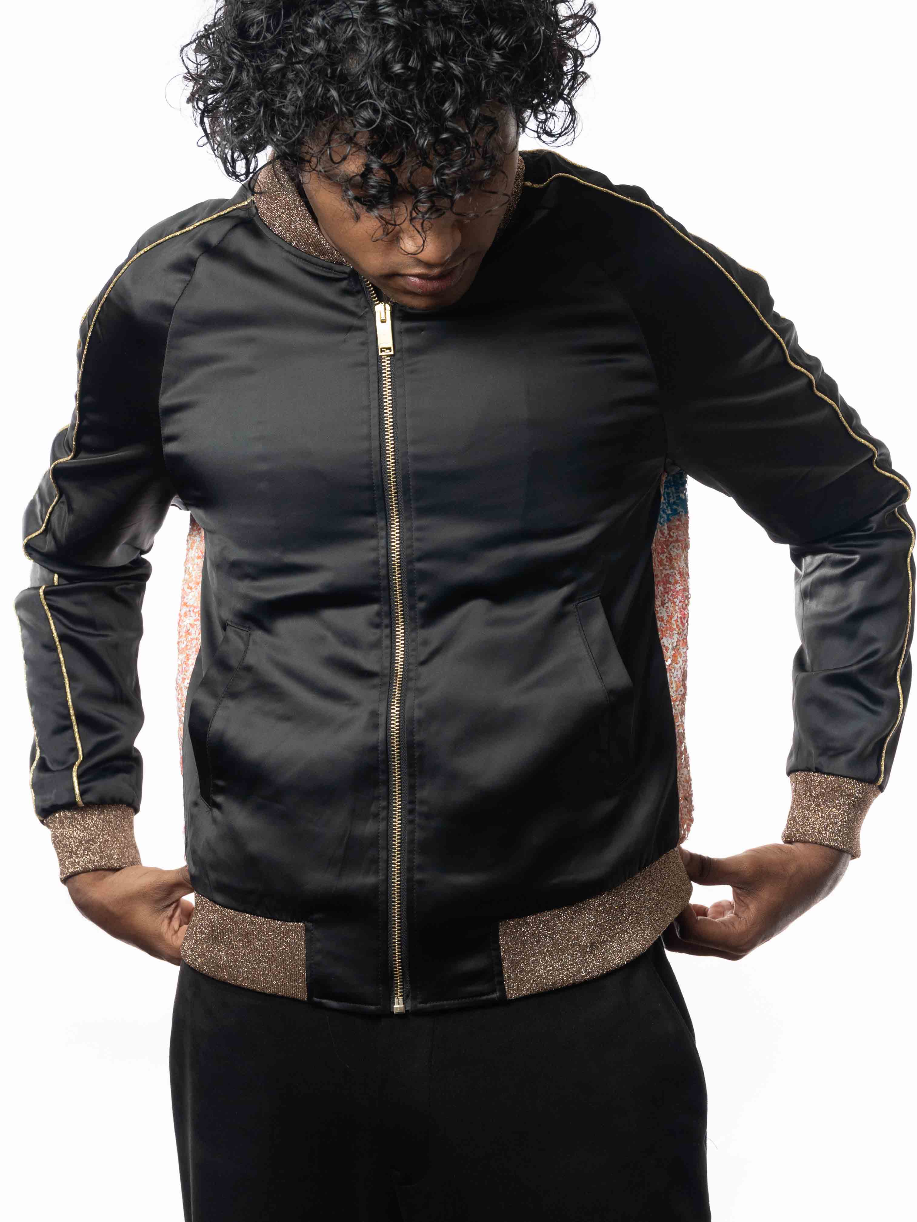 YSL Yves Saint Laurent Black Sequins Baby Bomber Jacket
