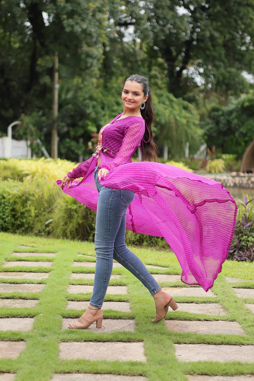 ClothsVilla Purple Faux Georgette Leheriya Print Kurti with Kutchi Patchwork