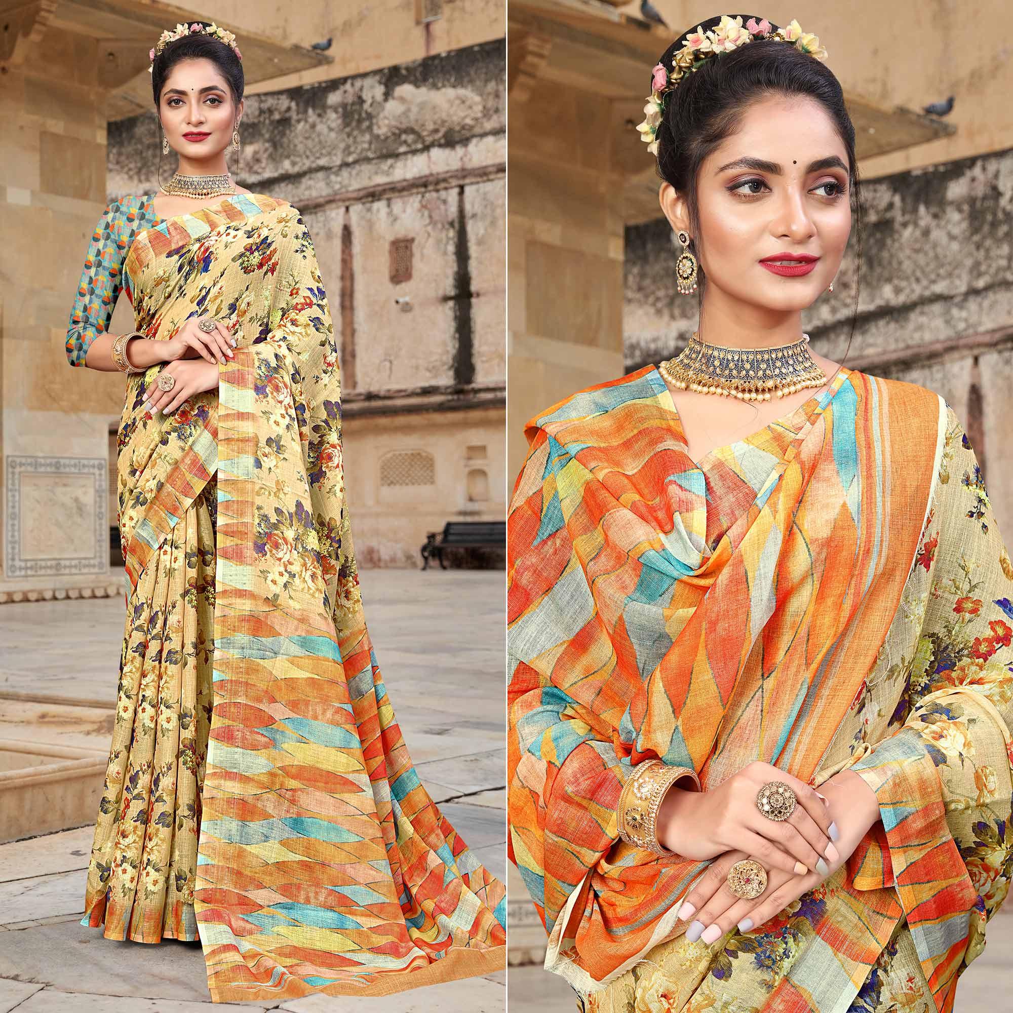 Peachmode Cream Digital Printed Linen Saree – Women's