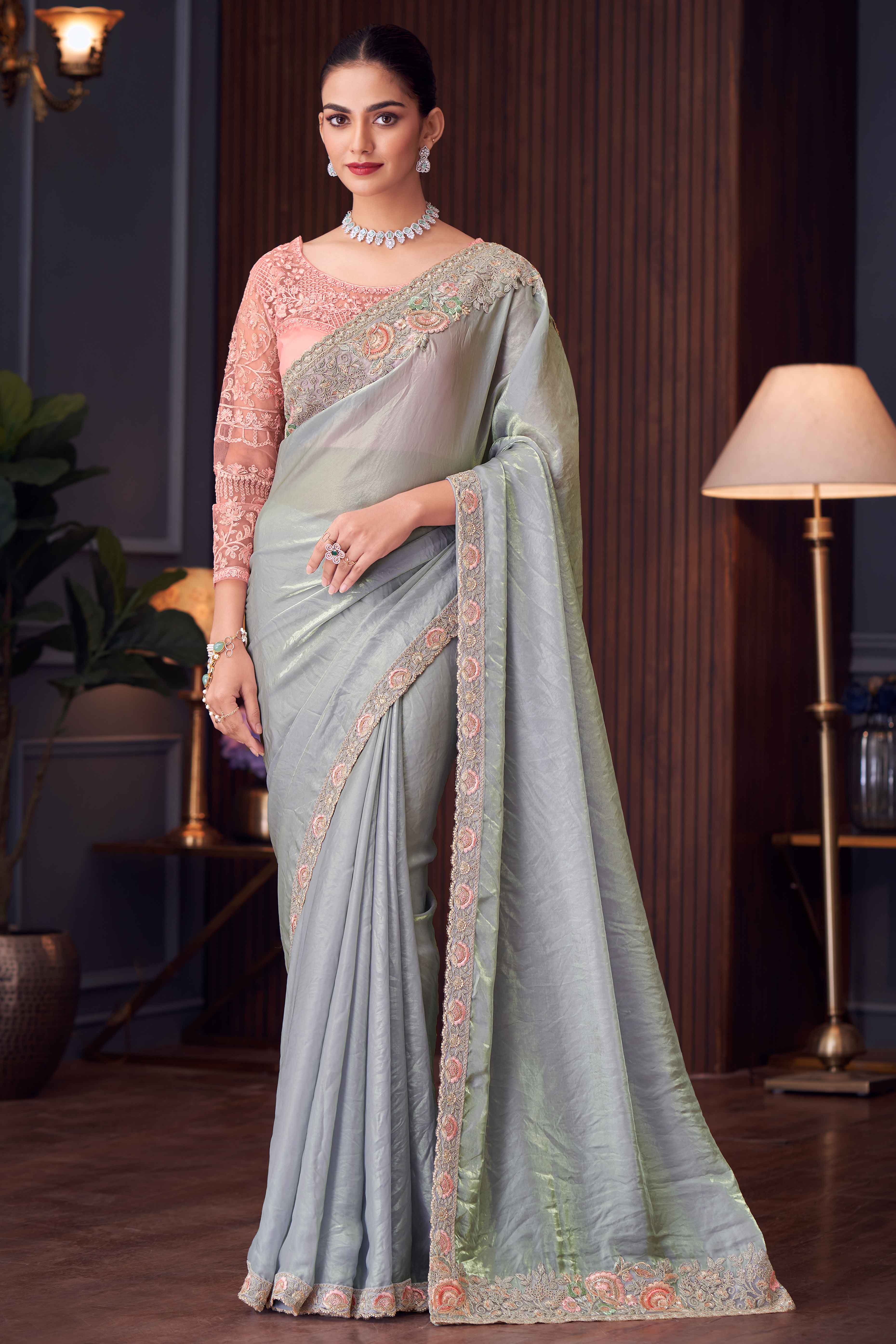 Peachmode Grey Sequins Embroidered Tissue Saree