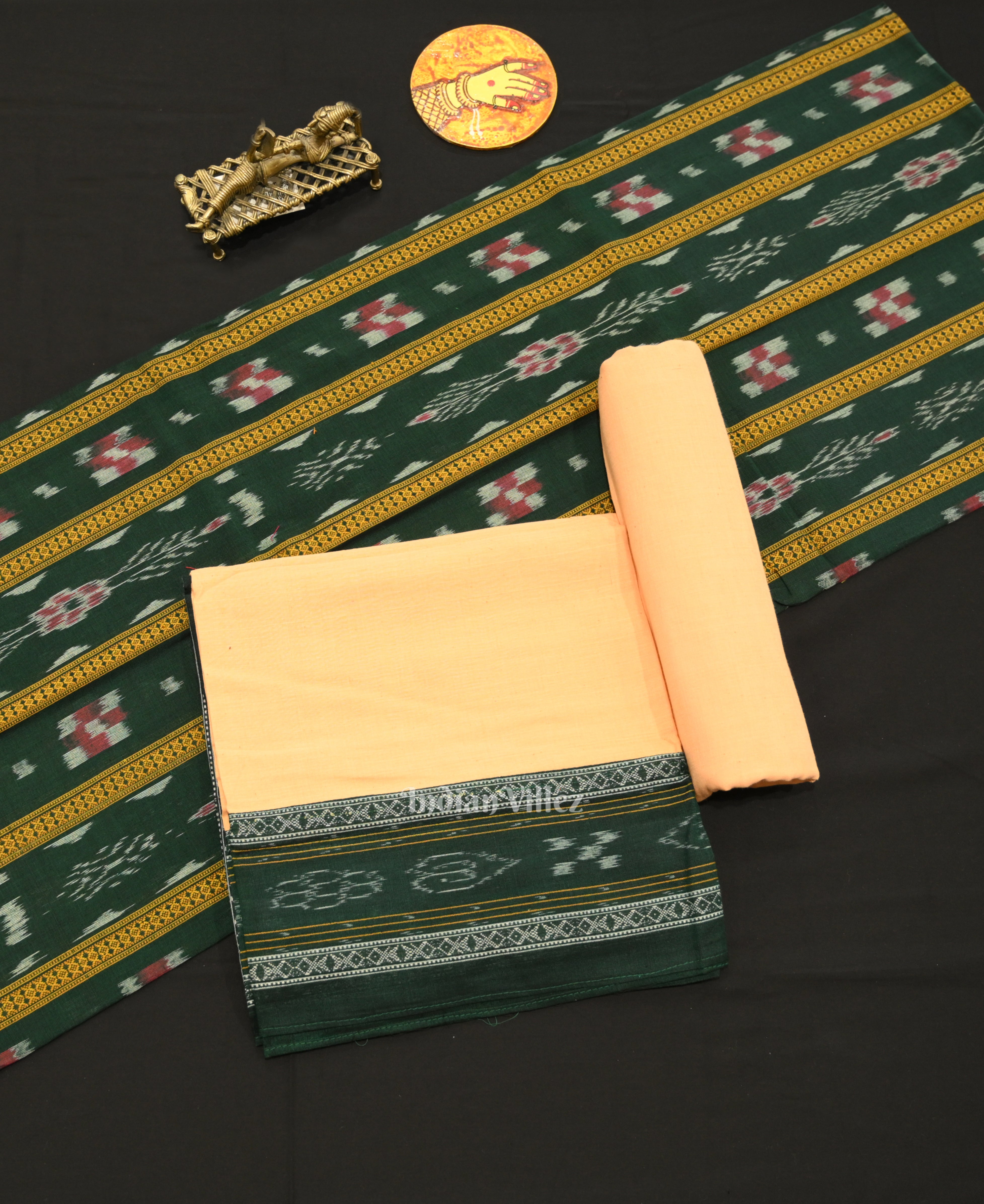 IndianVillèz Green Cream Maniabandha Sambalpuri Cotton Dress set & Dupatta