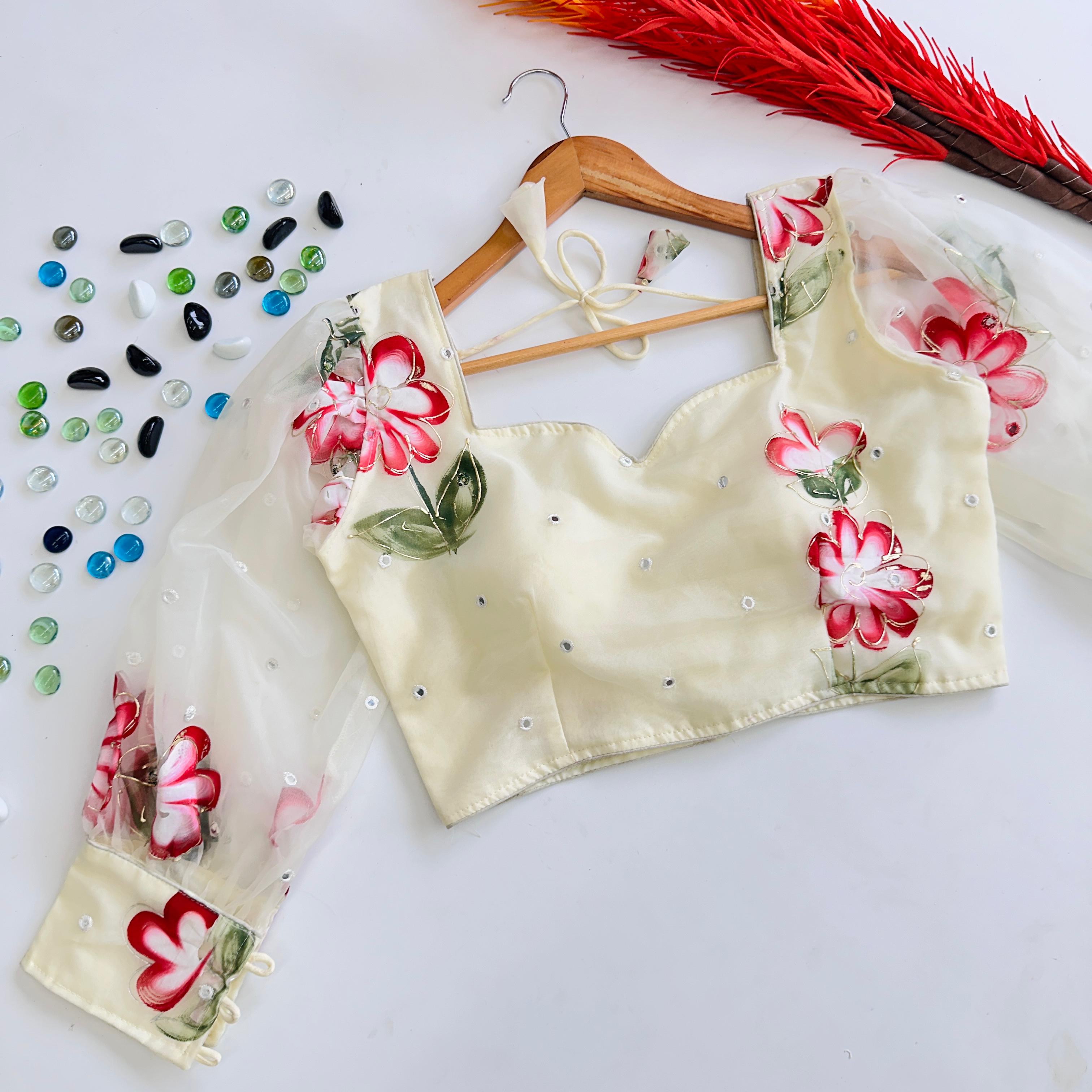 ClothsVilla White Hand-Painted Organza Silk Blouse with Embroidery Accents