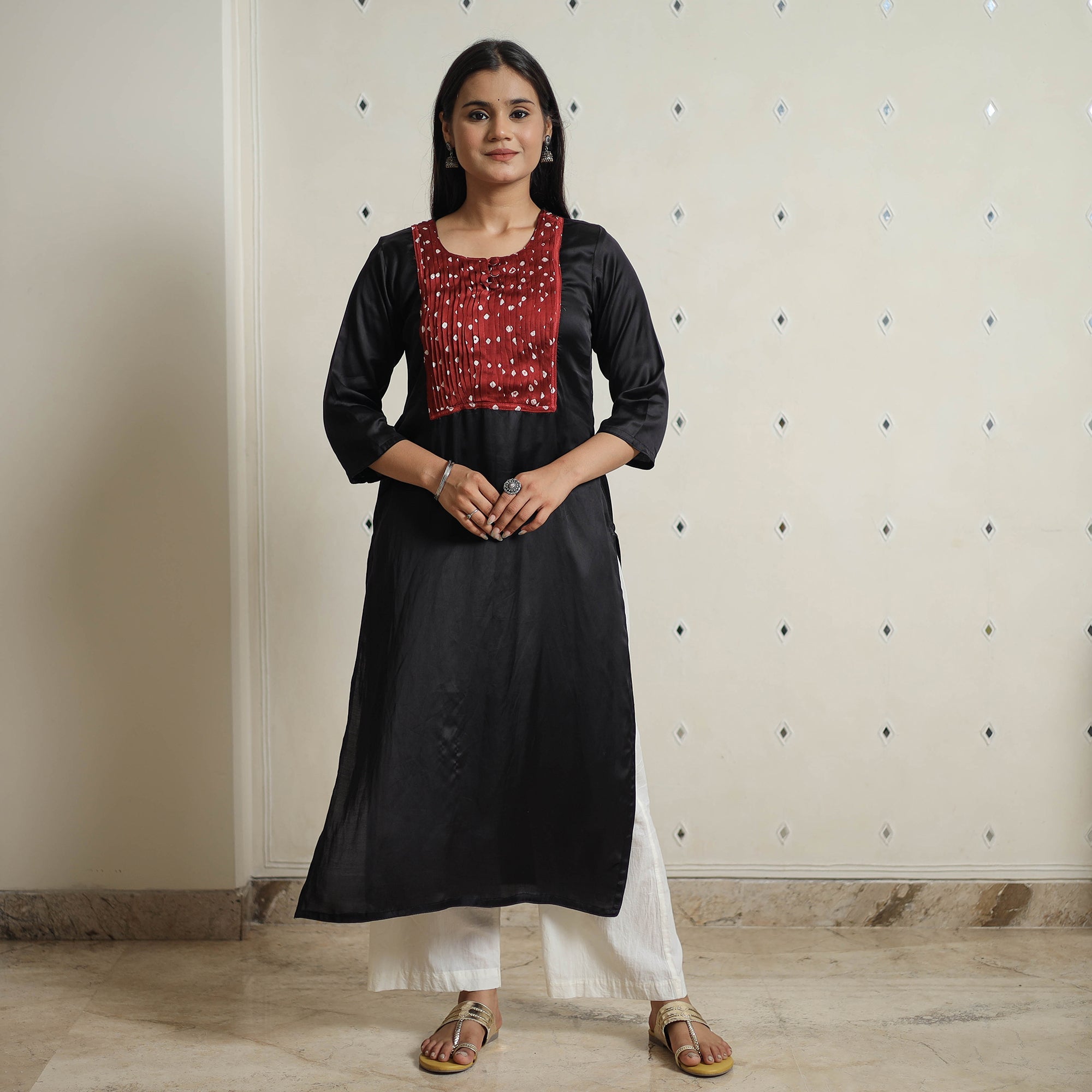 ITOKRI CASUALS Black - Plain Modal Silk Straight Kurta with Bandhani Pintuck Patchwork 05 - view 2