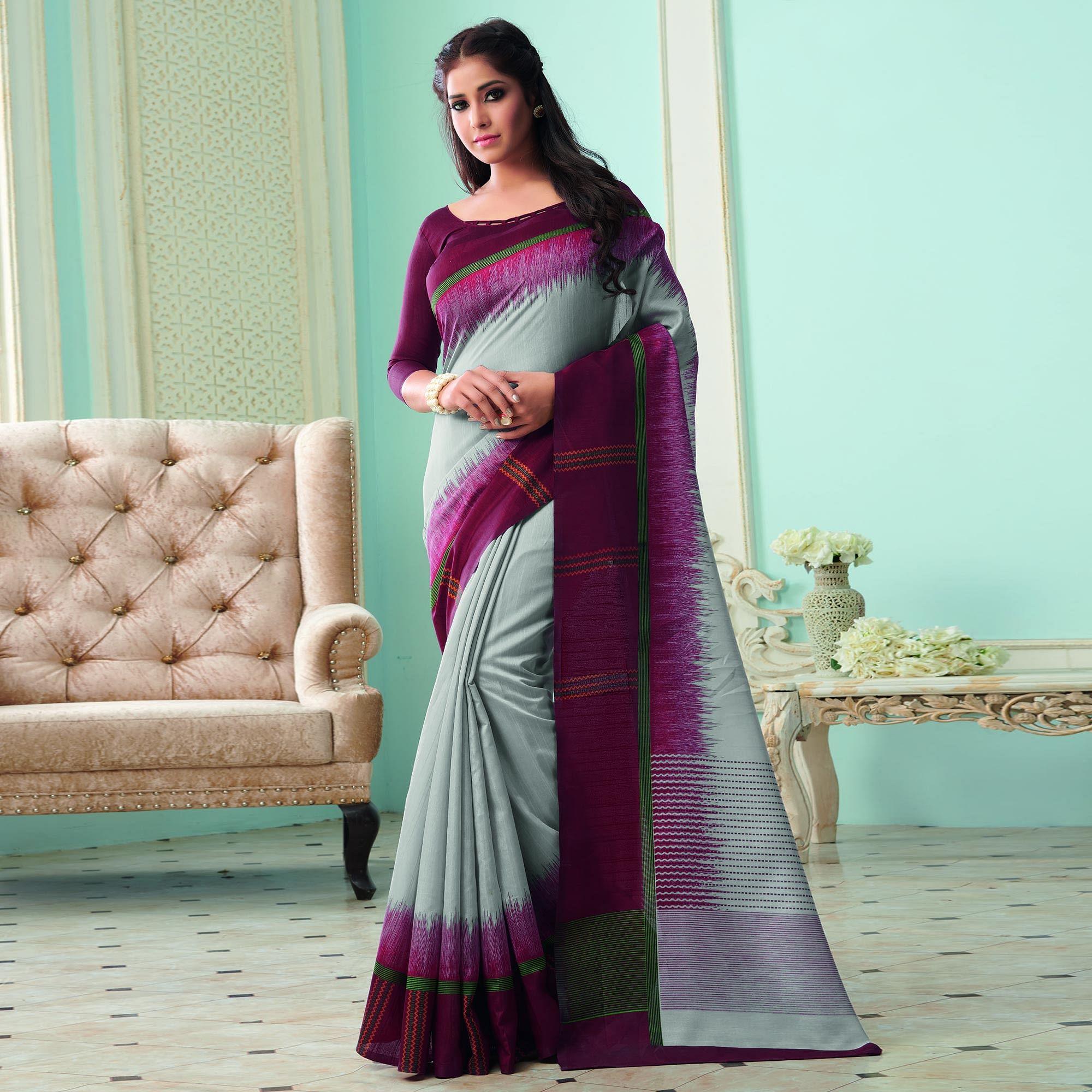 Peachmode Ethnic Grey Colored Casual Wear Printed Bhagalpuri Saree