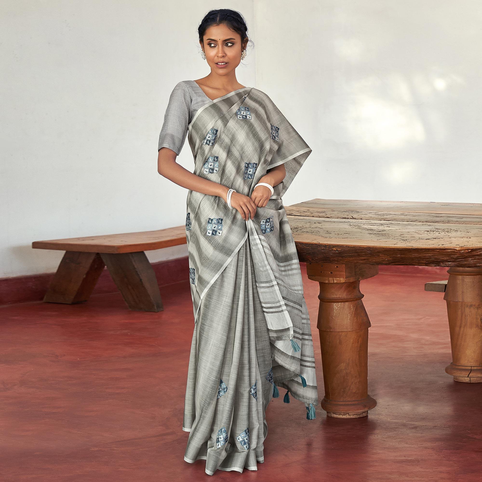 Grey sarees – BlackTree grey-casual-wear-embroidered-linen-saree-with-tassels-139757