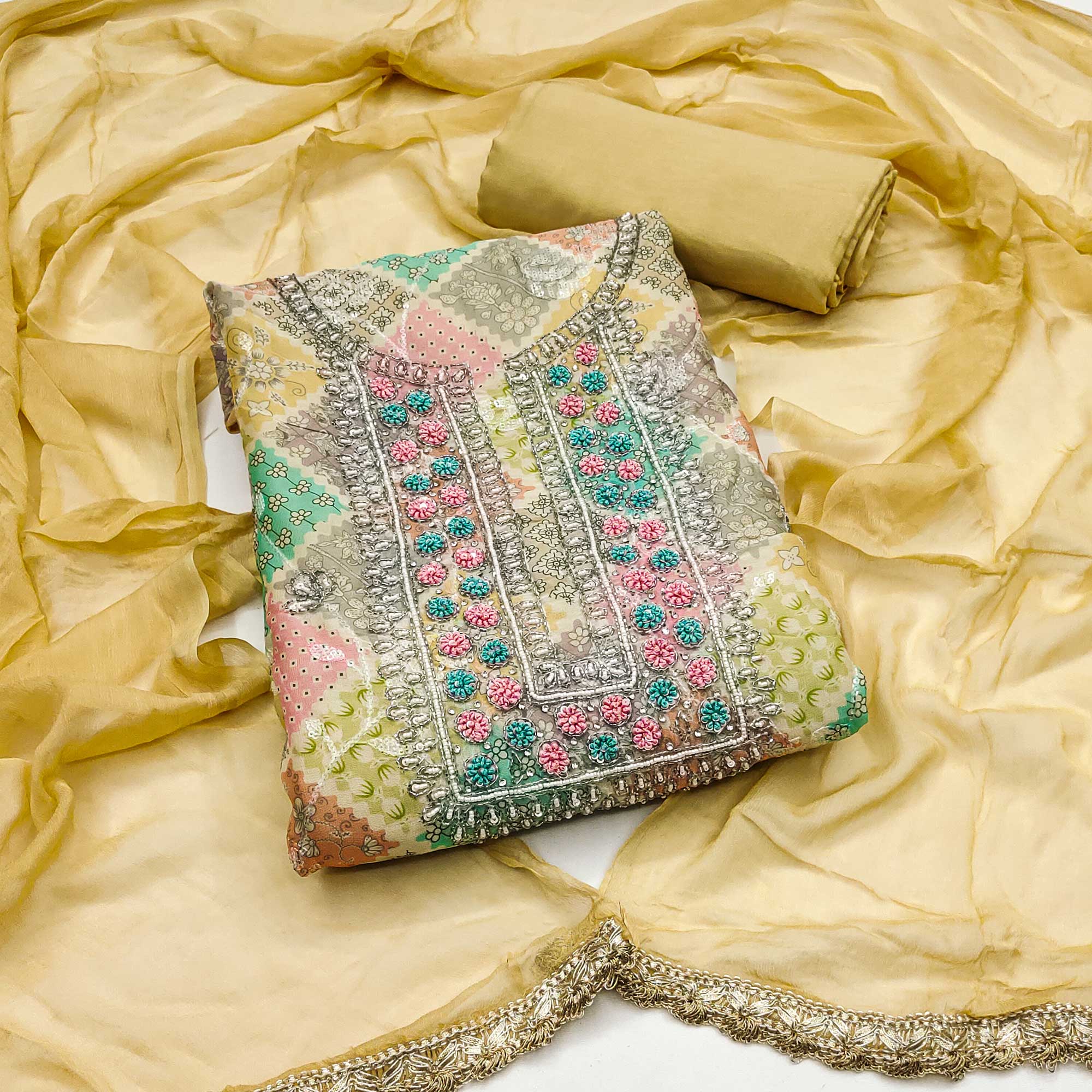 Peachmode Yellow Sequins With Hand Embroidered Muslin Dress Material