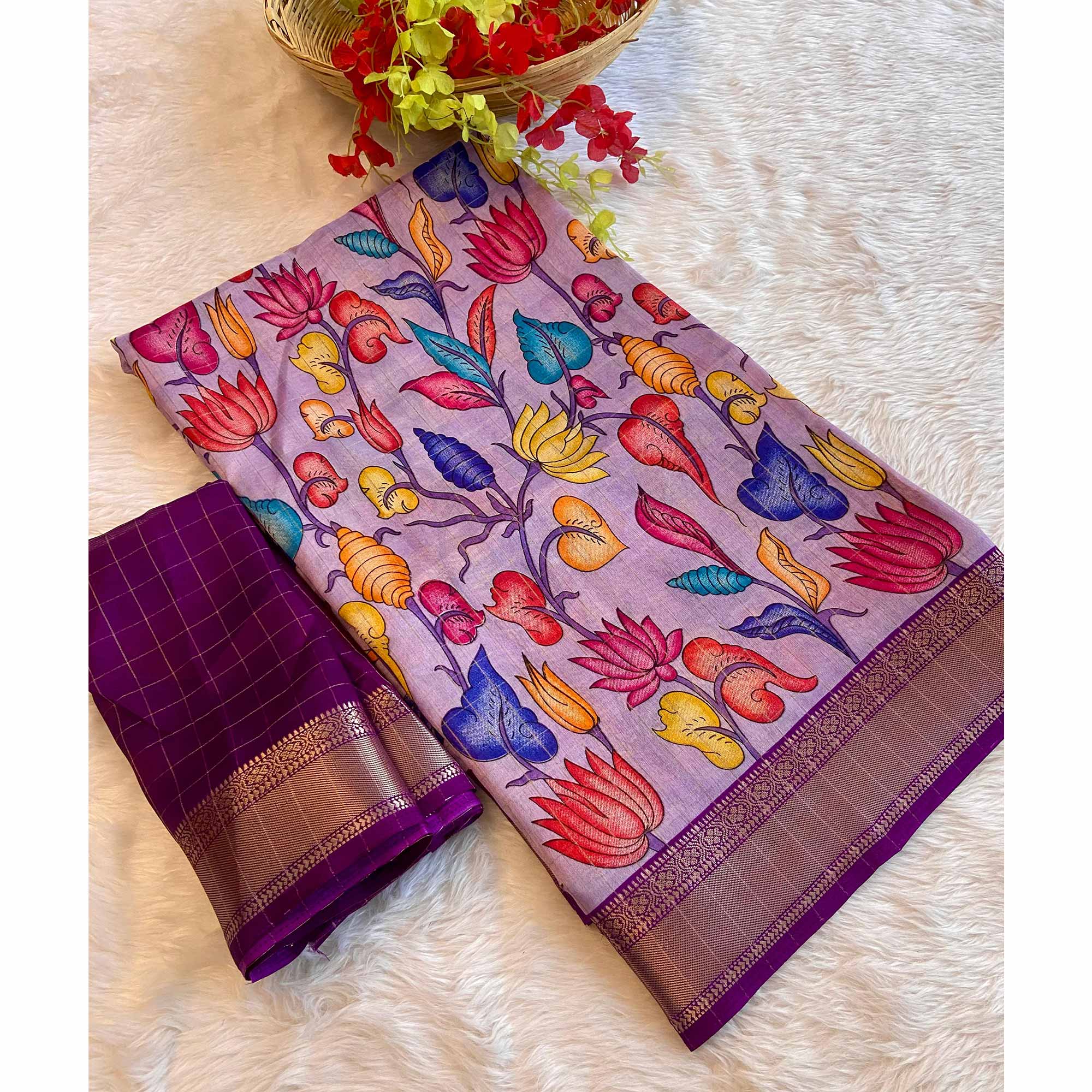 Peachmode Lavender Floral Printed Dola Silk Saree With Zari Border - view 4