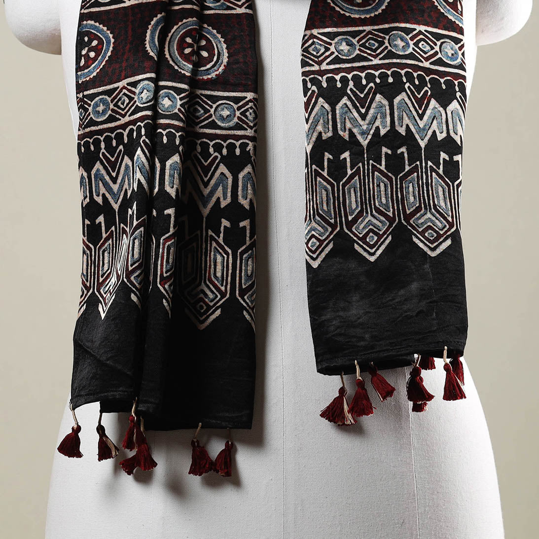 RIYAZ ABDULMAJID KHATRI - AJRAKH Black - Ajrakh Hand Block Printed Mashru Silk Stole with Tassels - view 3