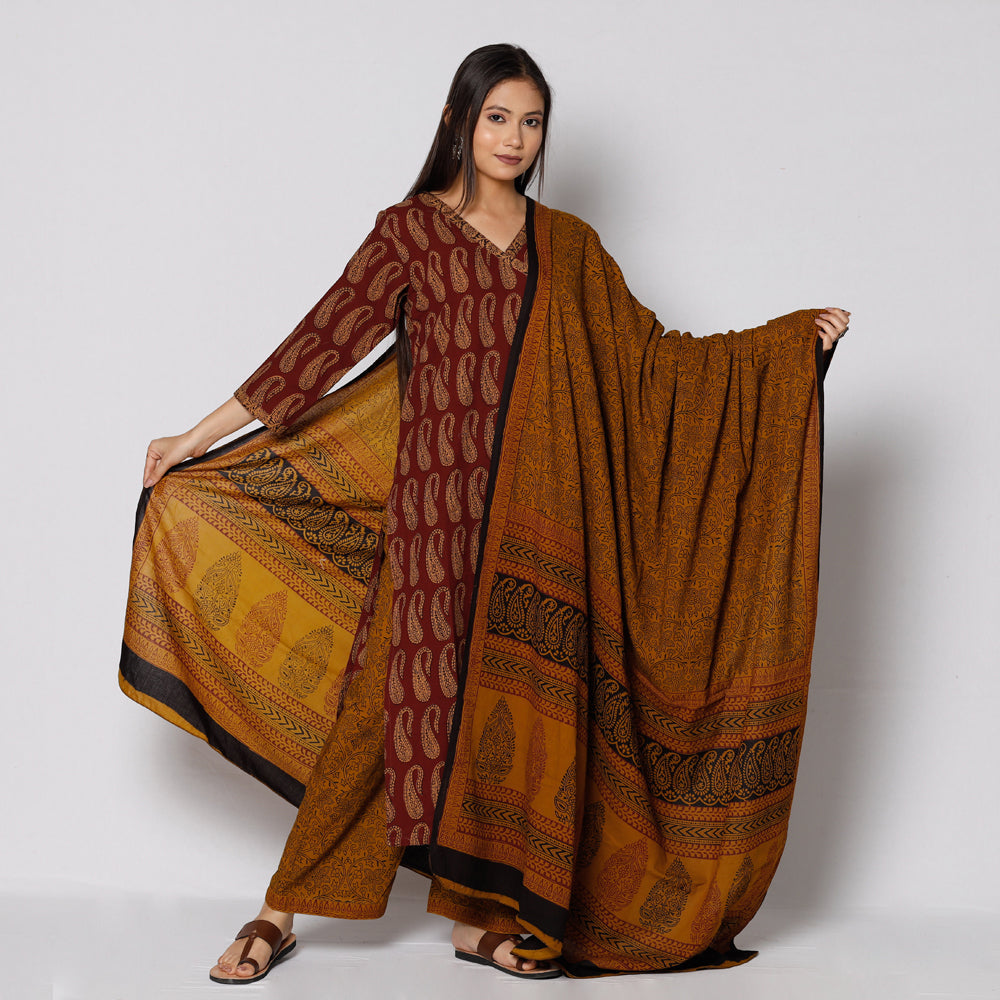 ITOKRI CASUALS Brown - Bagh Block Printing Cotton Kurta with Palazzo & Dupatta Set