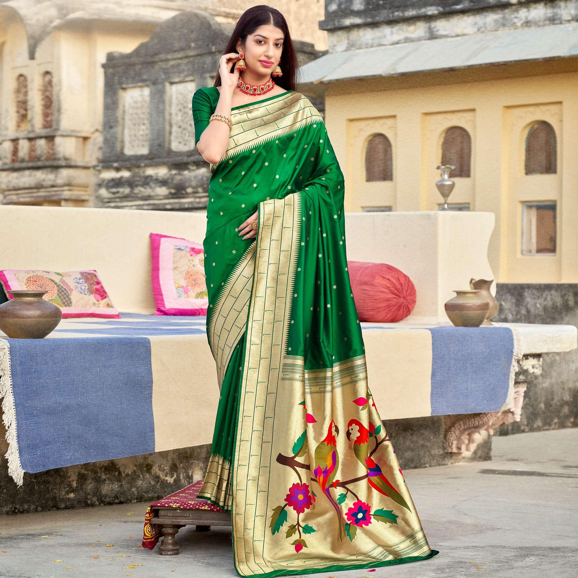 Green sarees – BlackTree green-festive-wear-woven-banarasi-silk-saree-130208