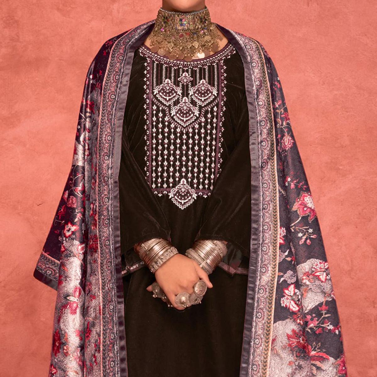 Peachmode Brown Embroidered Velvet Pakistani Suit - view 3