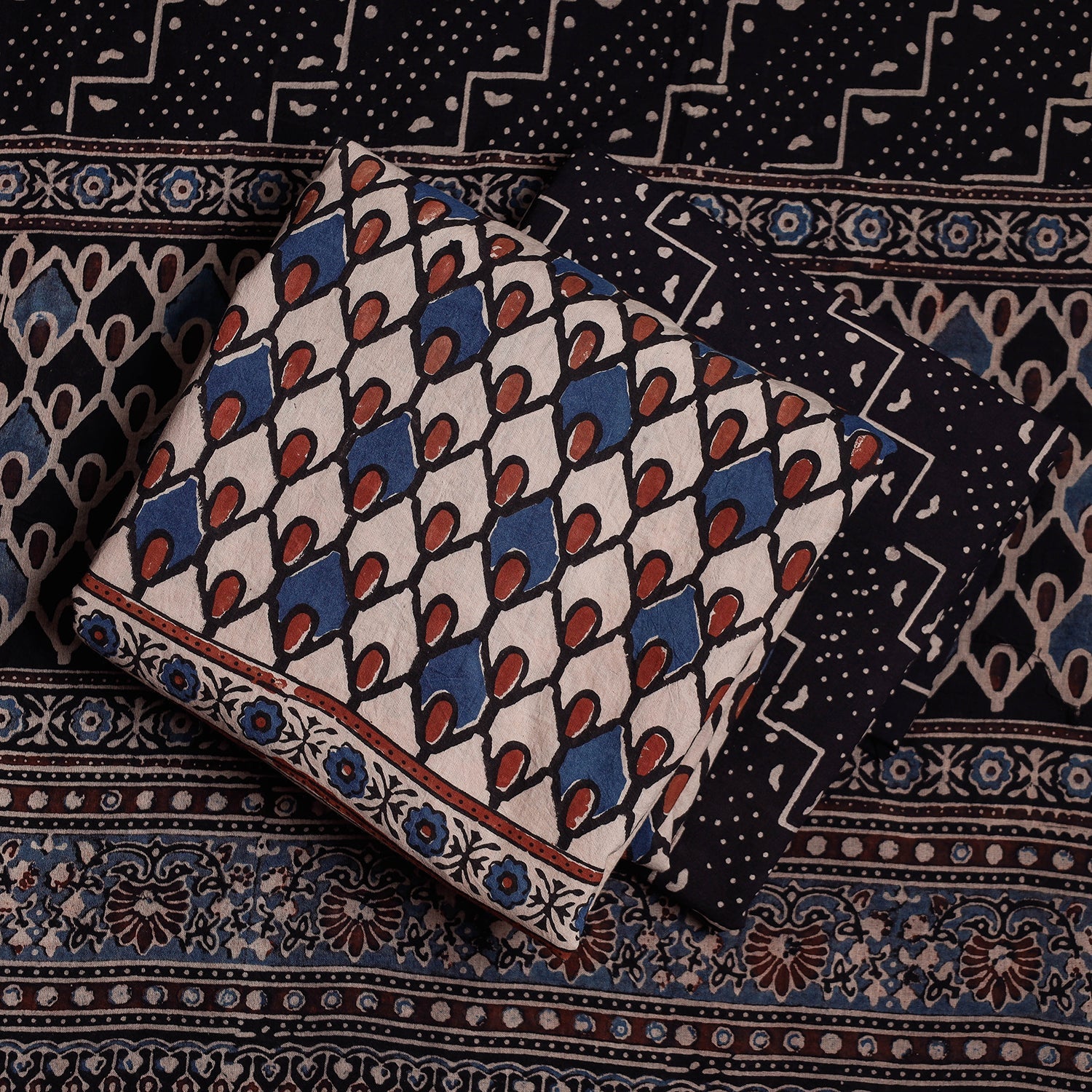 AJRAKH BY JABBAR KHATRI Beige - 3pc Ajrakh Block Printed Cotton Suit Material Set - view 2