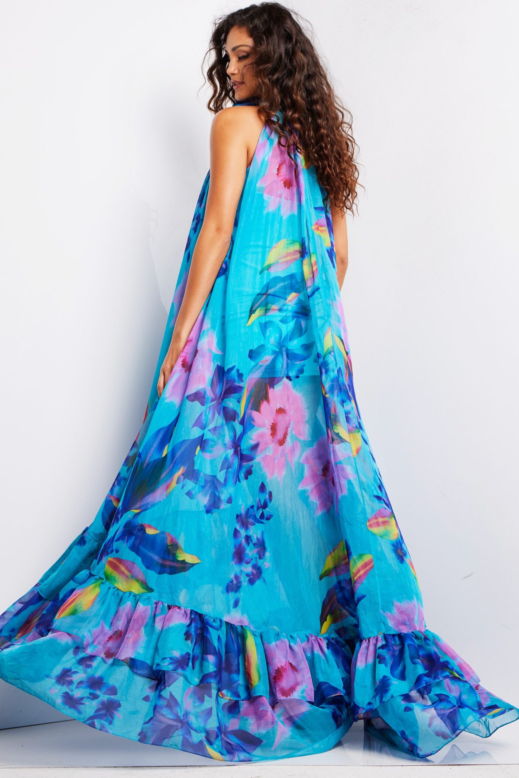 Floral Print Halter A-line Gown by Jovani 38721 - view 2