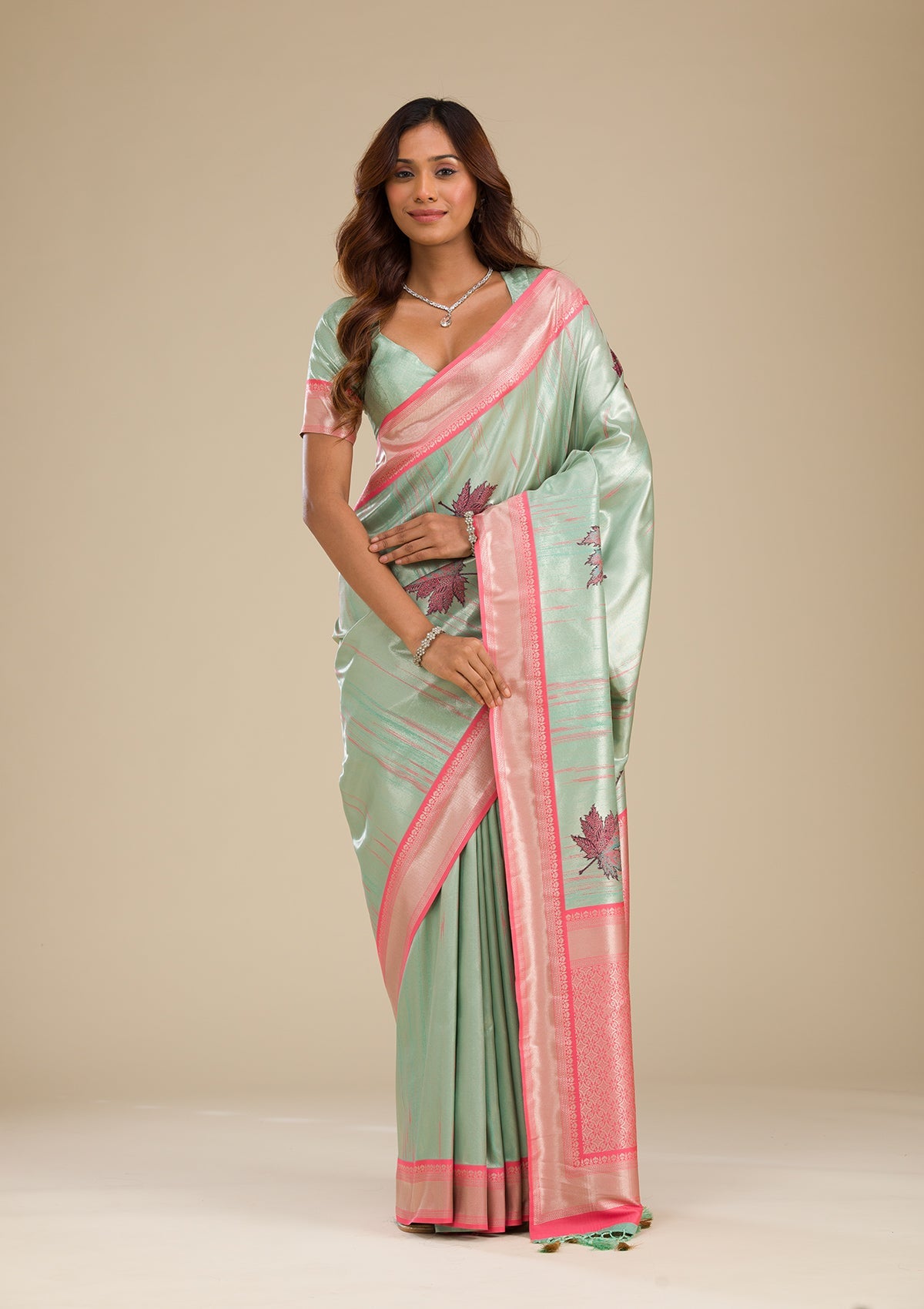 Koskii Pista Green Zariwork Soft Silk Saree – Women's
