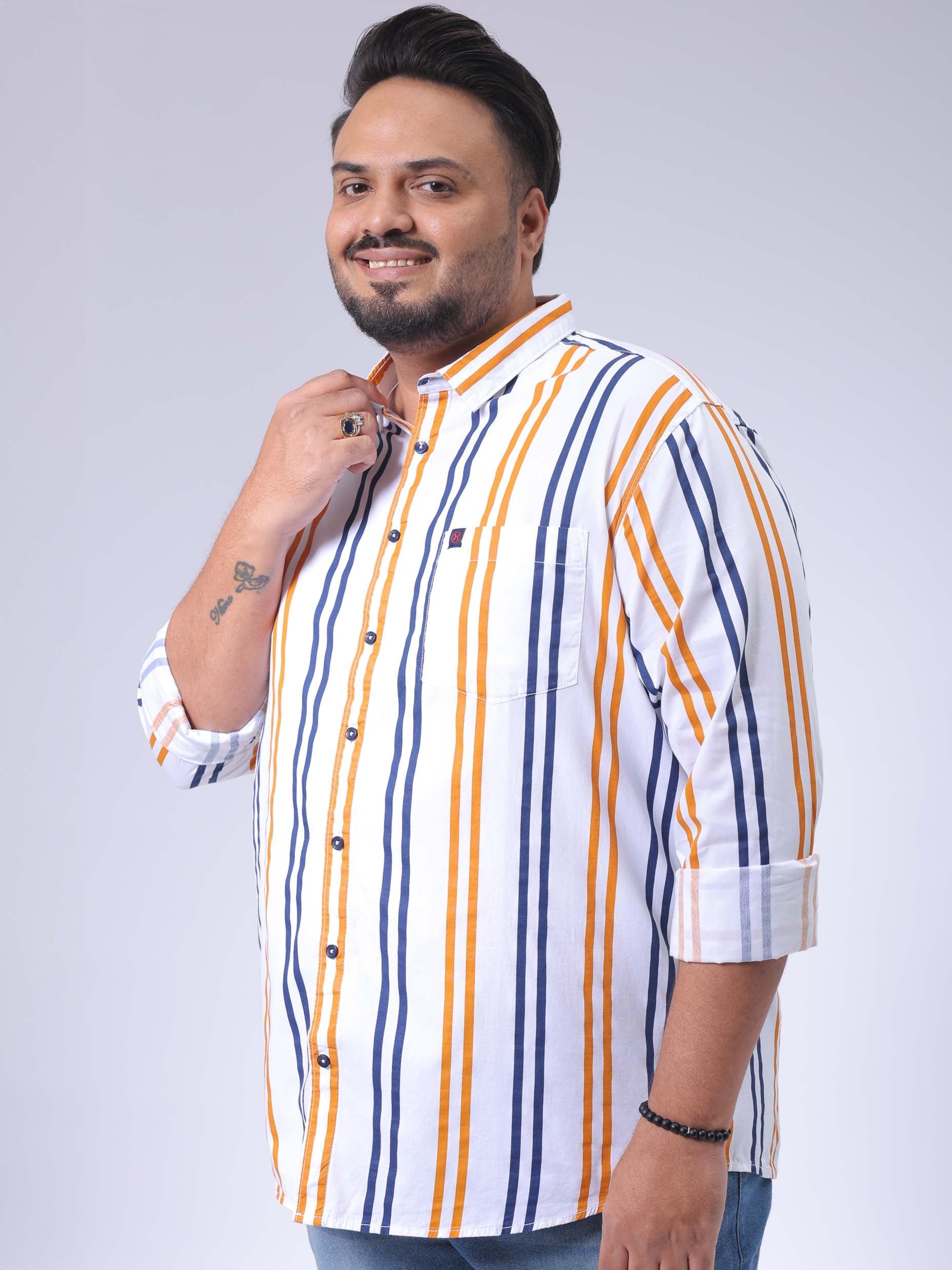 HARDSODA Men's Plus Size White Regular Fit Vertical Striped Casual Shirt - view 3