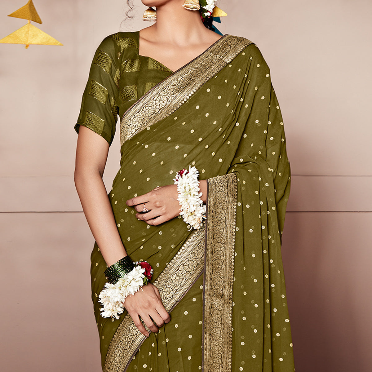 Peachmode Mehendi Green Foil Printed With Woven Border Georgette Saree - view 3