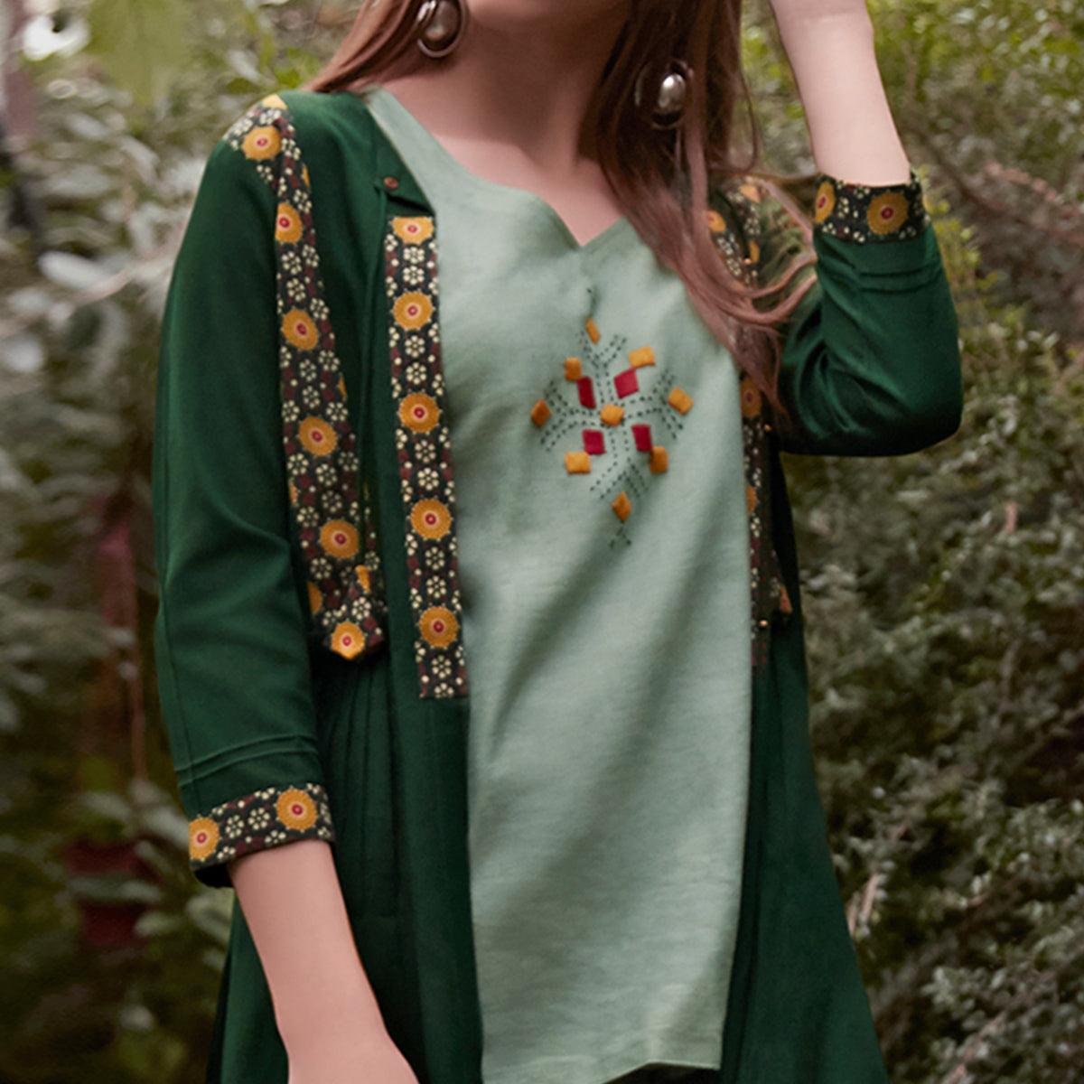 Peachmode Light Mint-Green Partywear Embroidered Rayon Top-Bottom Set With Shrug - view 2