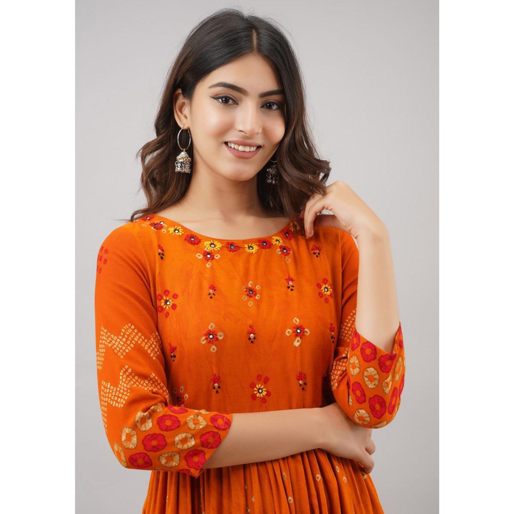 Peachmode Impressive Orange Colored Partywear Embroidered Muslin Long Kurti - view 2
