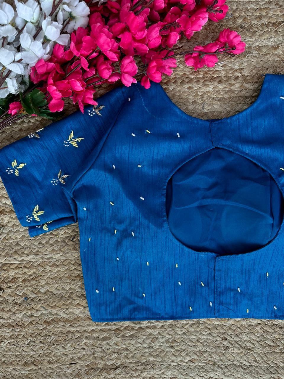 ClothsVilla Blue Pearl-Embellished german silk Blouse with Handcrafted Golden Work - view 2