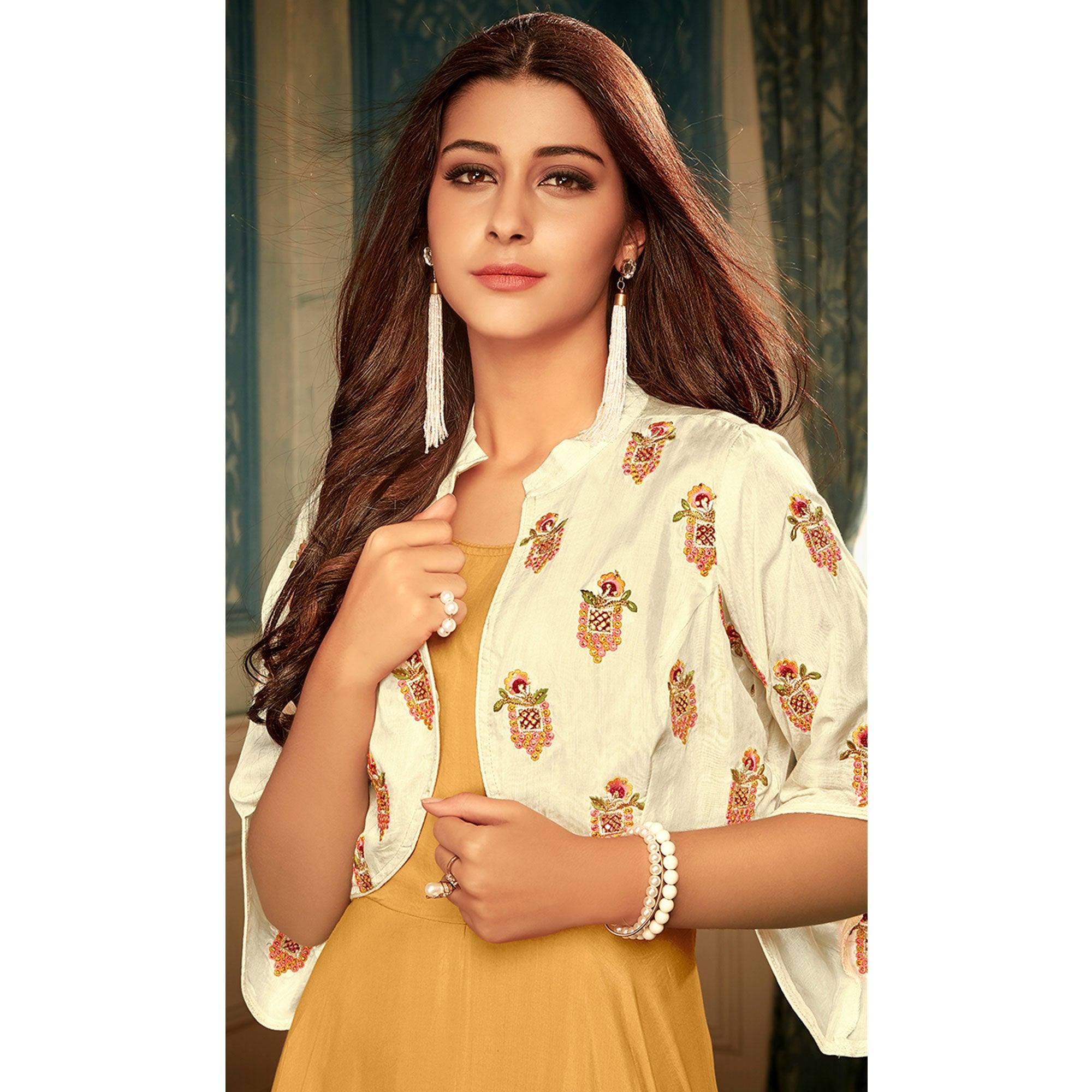 Peachmode Seller Majesty Mustard Yellow Colored Partywear Embroidered Heavy Muslin Gown - view 3