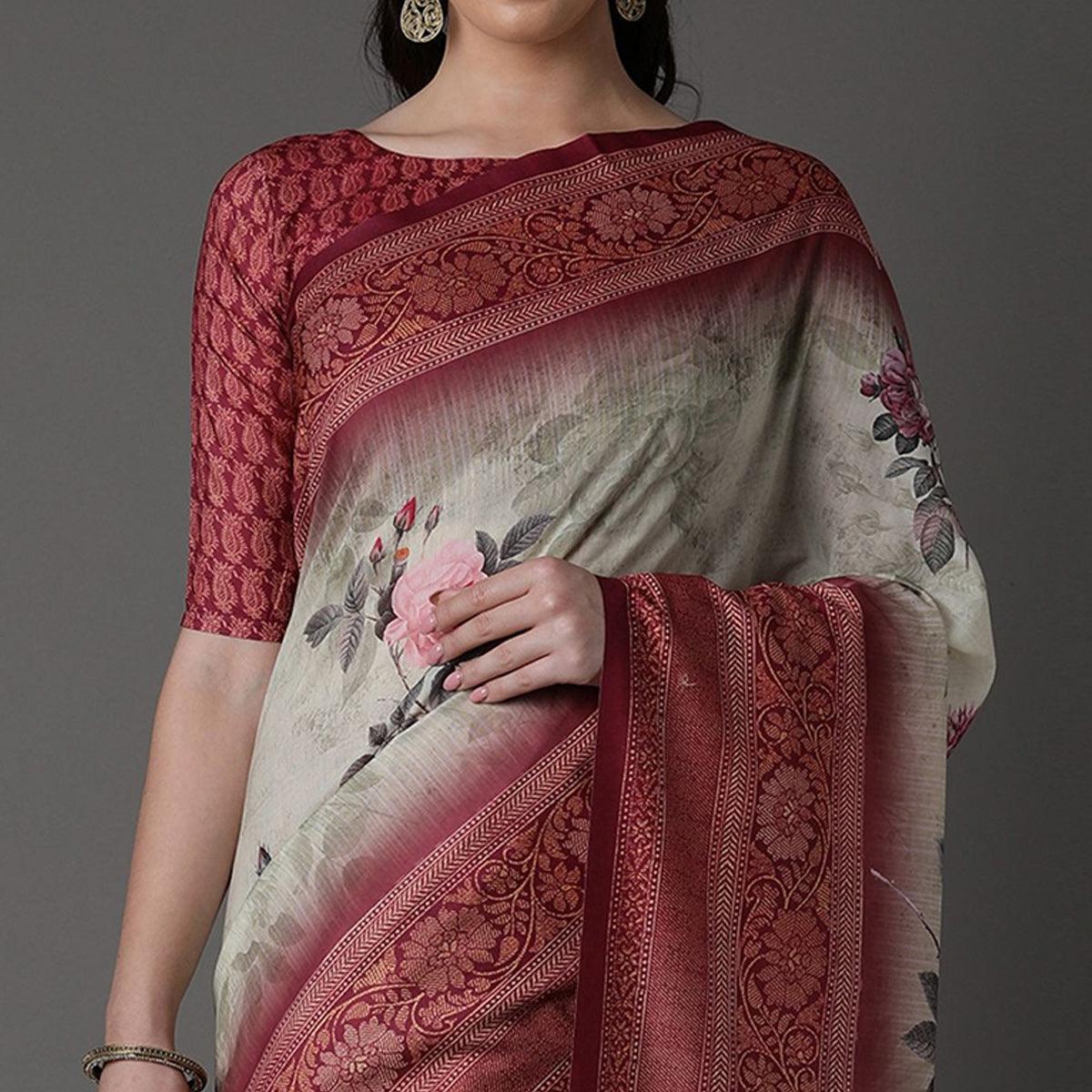Peachmode Light Green Casual Cotton Silk Printed Saree With Unstitched Blouse - view 2