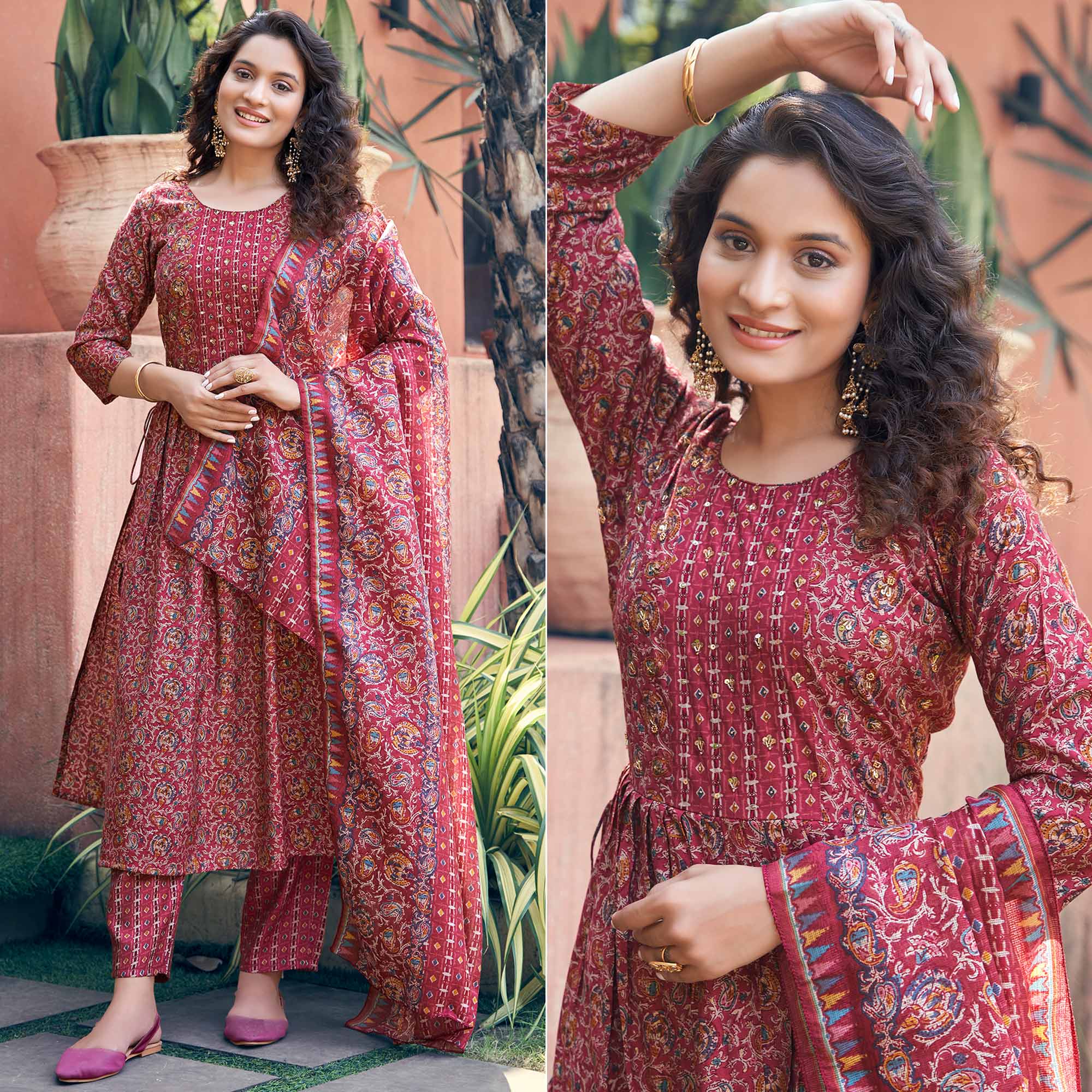 Peachmode Maroon Floral Printed Chanderi Silk Naira Cut Suit