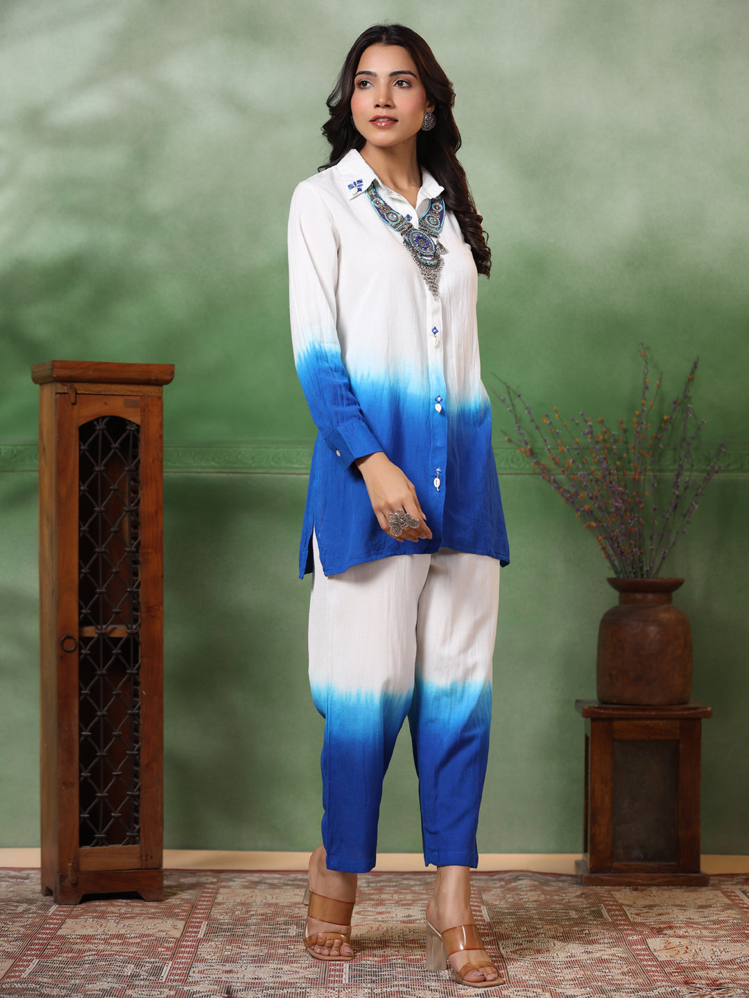 FASHOR Ombre Dyed & Embroidered Straight Fit Co-ord Set with a Neckpiece - Blue - view 5