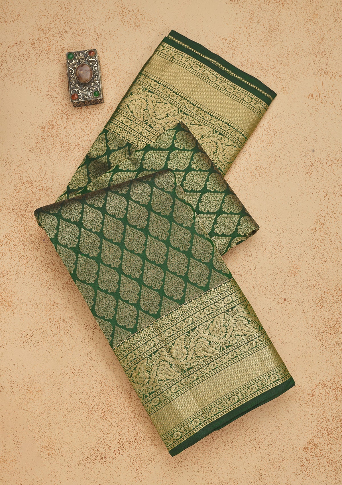 Koskii Bottle Green Zariwork Pure Silk Saree – Women's