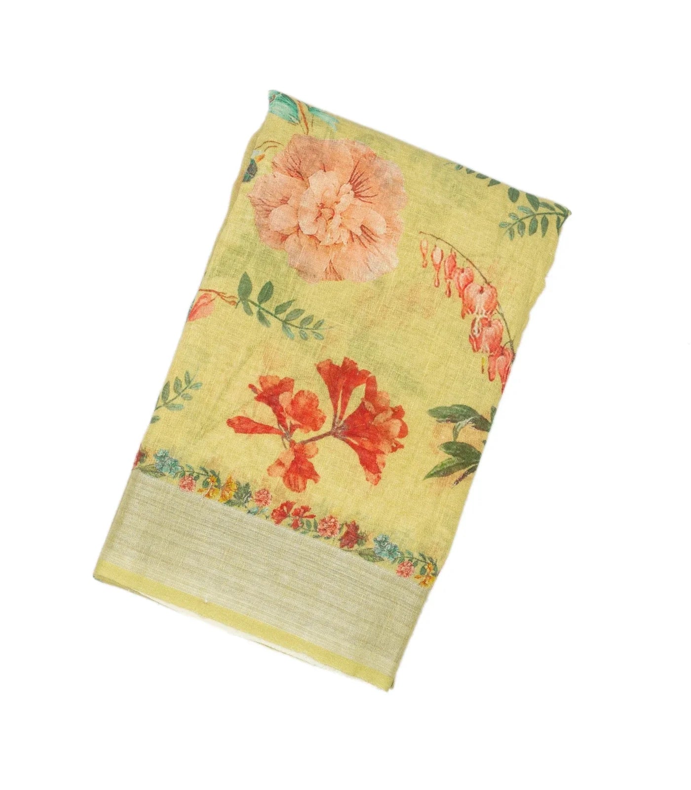 RmKV Pista Green Handloom Linen Saree With Printed Floral Motifs