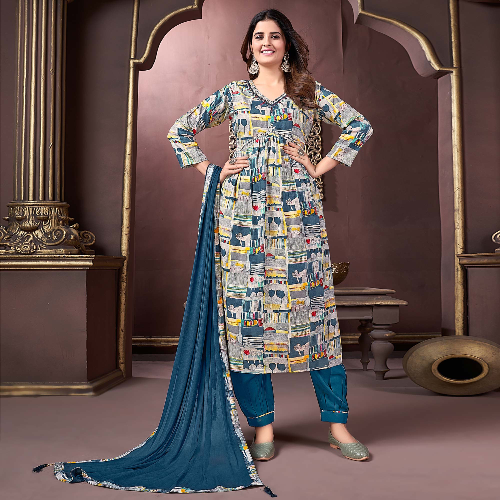 BlackTree grey-teal-floral-printed-rayon-alia-cut-salwar-suit - view 2