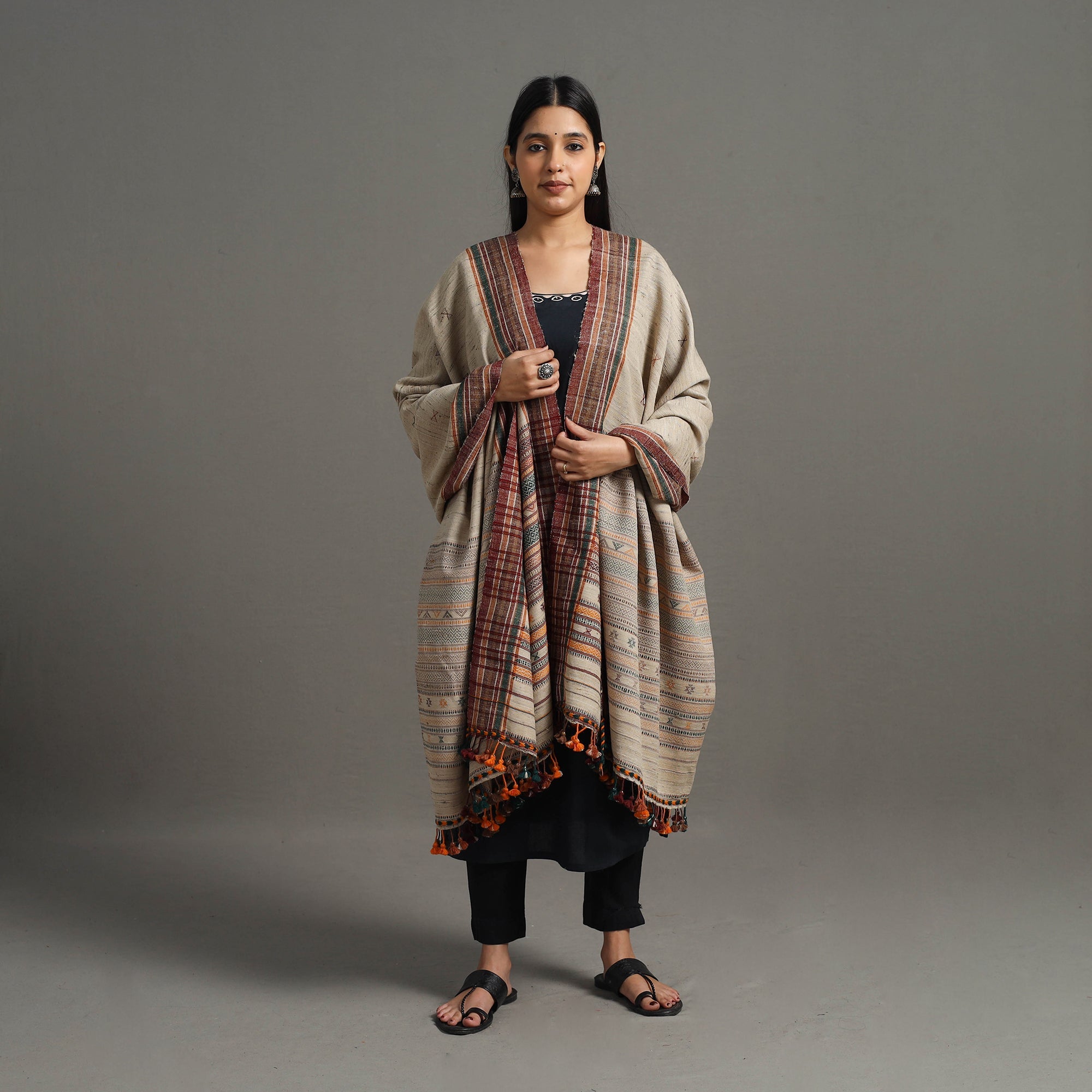 VANKAR BHIMJI KANJI Brown - Kutch Embroidery Handwoven Silk x Woolen Dhabla Shawl 37