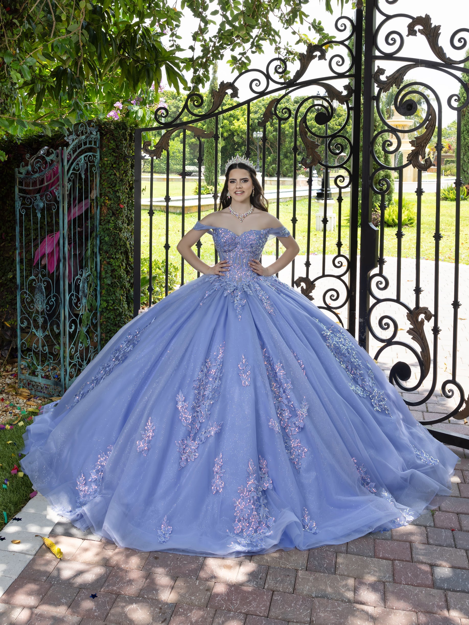 House of Wu Fiesta Gowns 3D Floral Off Shoulder Ball Gown by LizLuo Fiesta 56529 - view 4