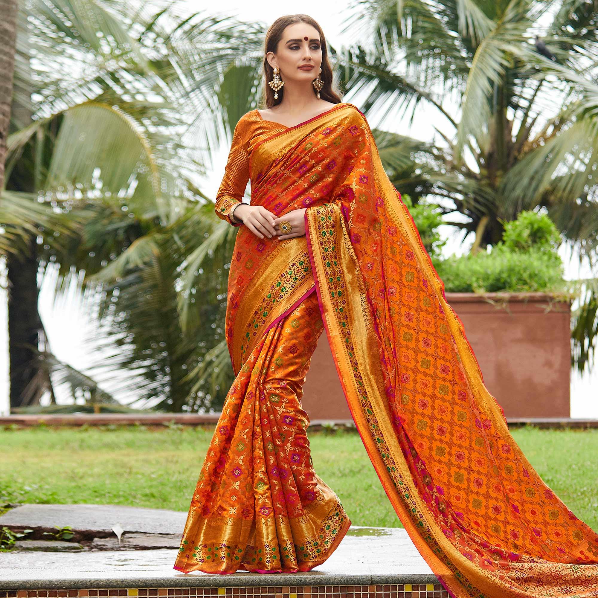 Peachmode Elegant Orange Colored Festive Wear Woven Silk Saree