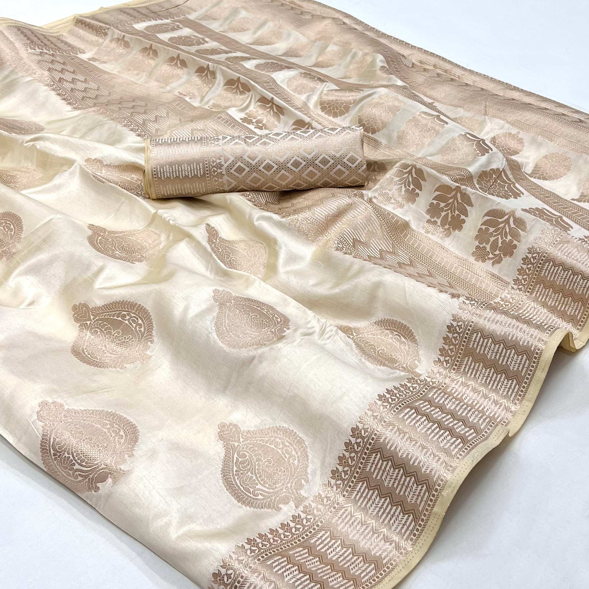 Peachmode Cream Woven Raw Silk Saree – Women's