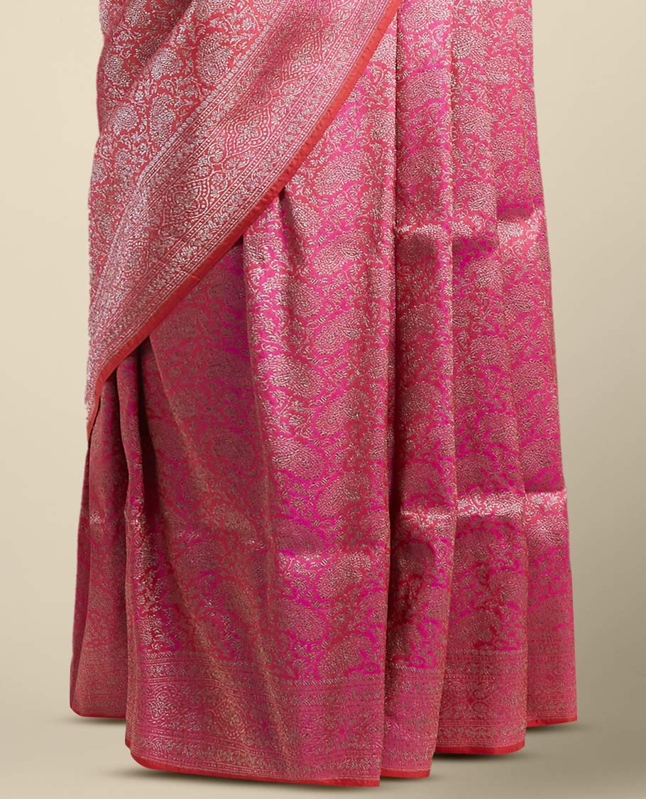 Pothys Pink floral jacquard banaras silk saree with self intricate zari border - view 3