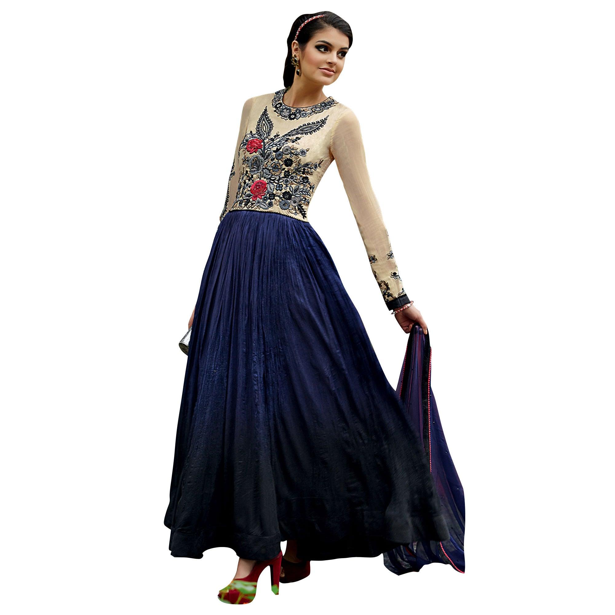 Peachmode Cream - Blue Floral Embroidered Anarkali Style Art Silk Gown