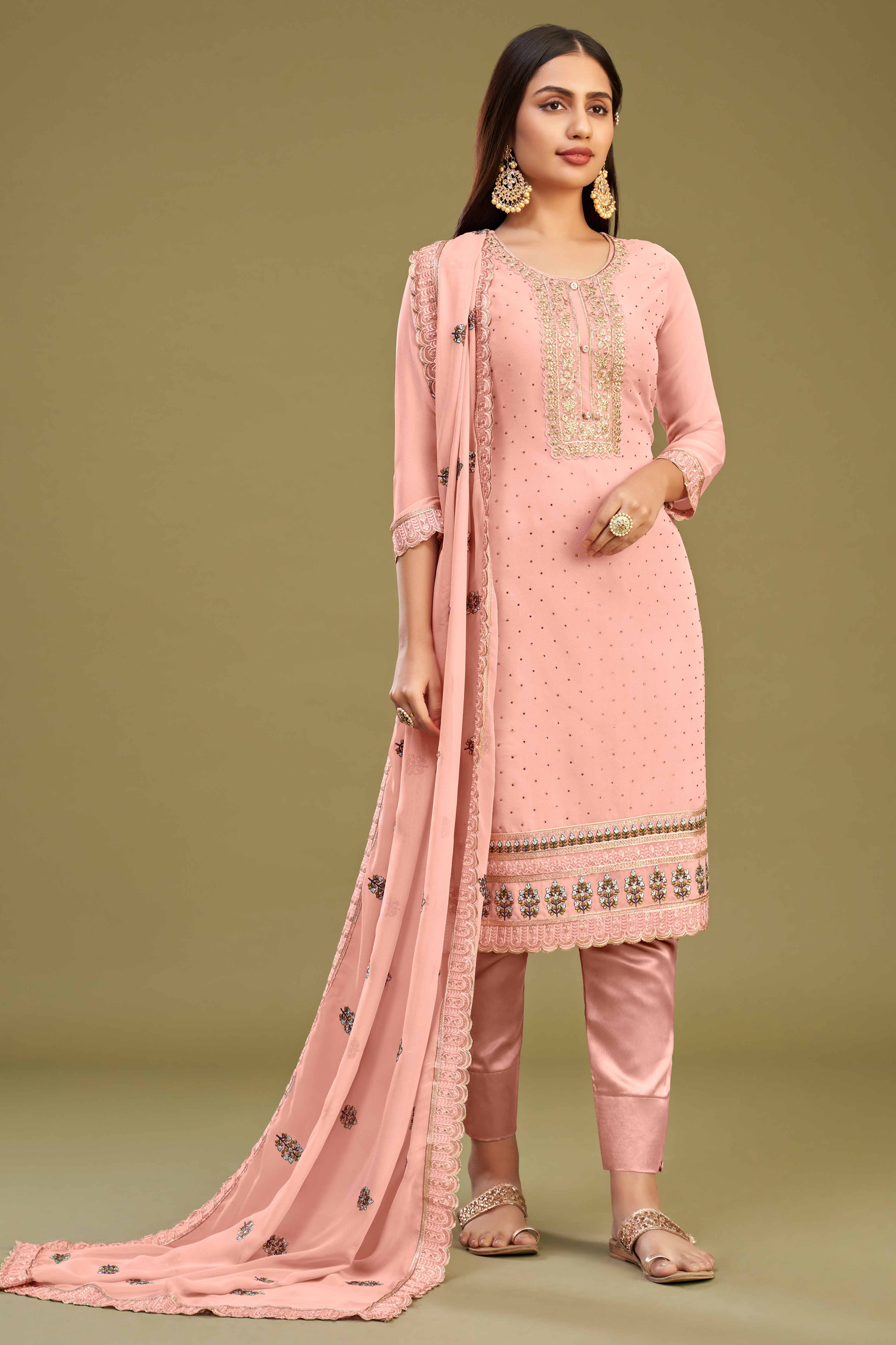 Peachmode Seller Gajari Pink Floral Embroidery With Swarovski Work Georgette Semi Stitched Suit - view 3