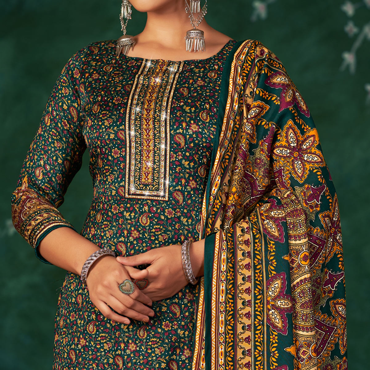 Peachmode Morpich Floral Printed With Swarovski Work Pashmina Suit - view 3