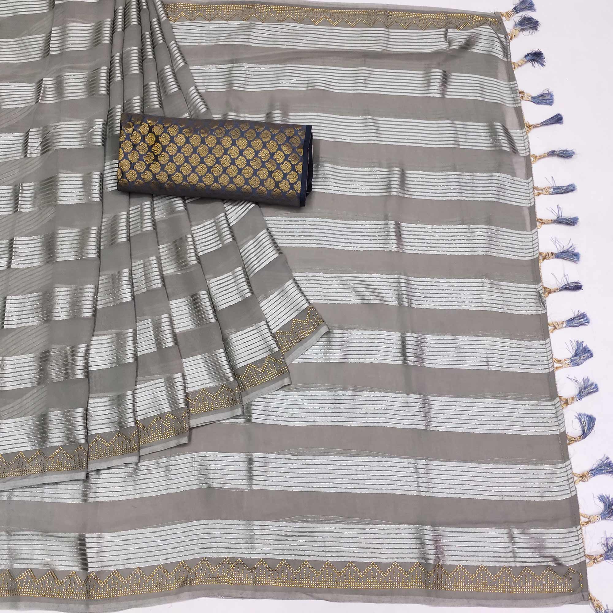 Peachmode Grey Striped With Stone Work Georgette Saree - view 3