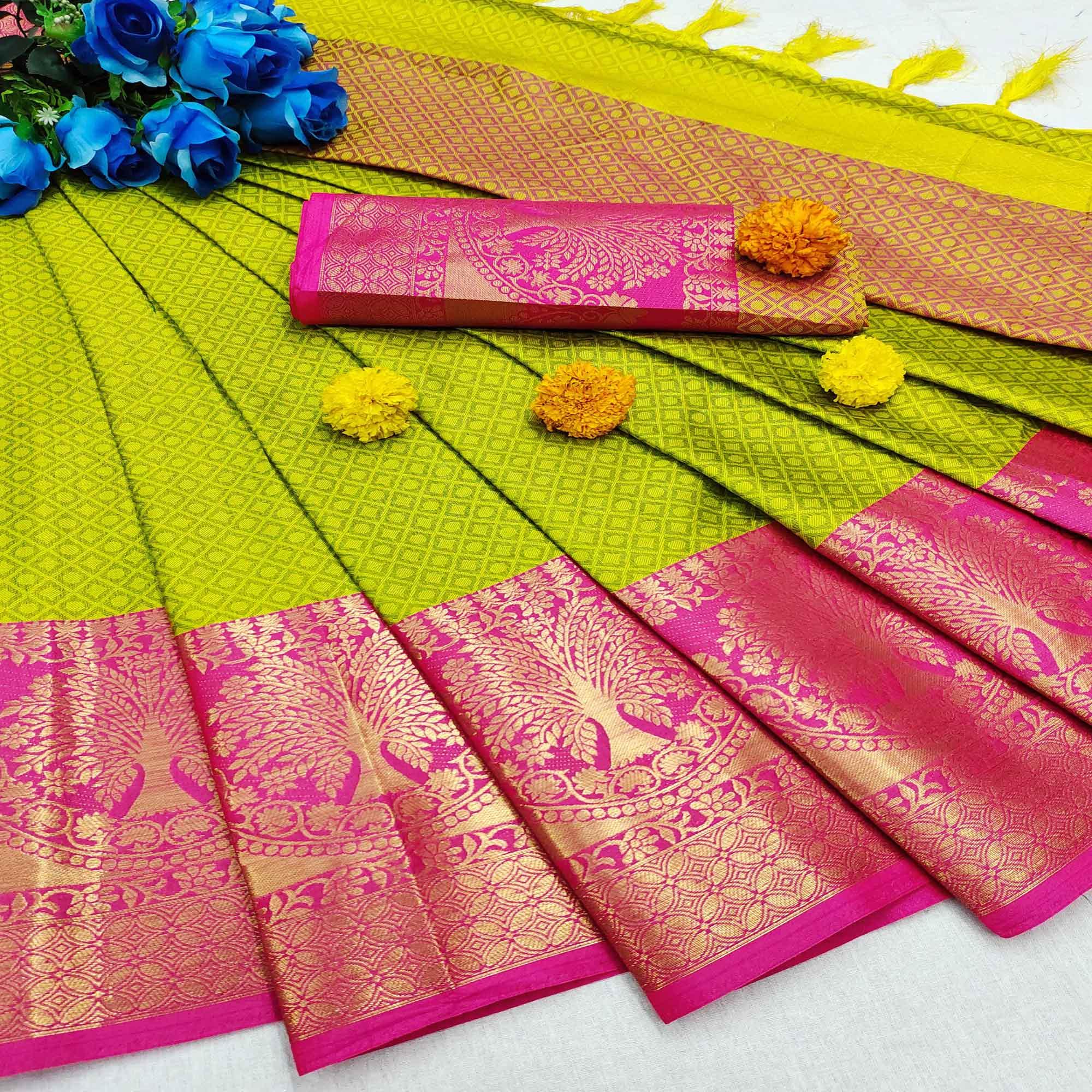 Peachmode Intricate Lemon Colored Festive Wear Woven Cotton Silk Saree