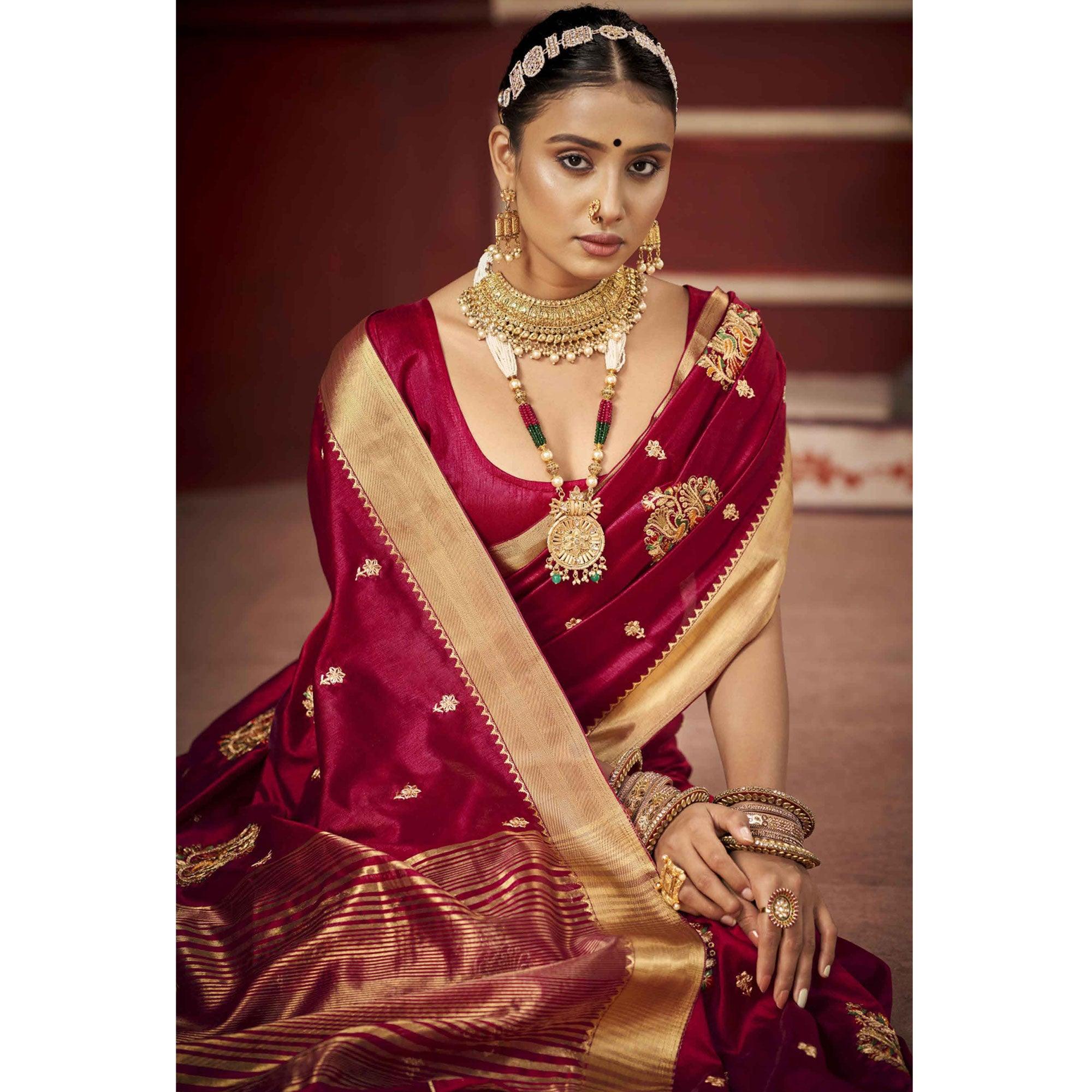 Peachmode Maroon Woven-Embroidered Raw Silk Saree With Tassels - view 4