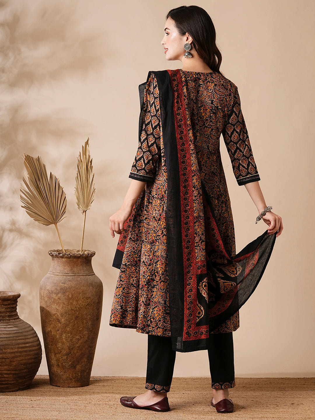 Fashor Floral Ethnic Printed & Embroidered Anarkali Kurta with Pant & Dupatta - Black - view 6