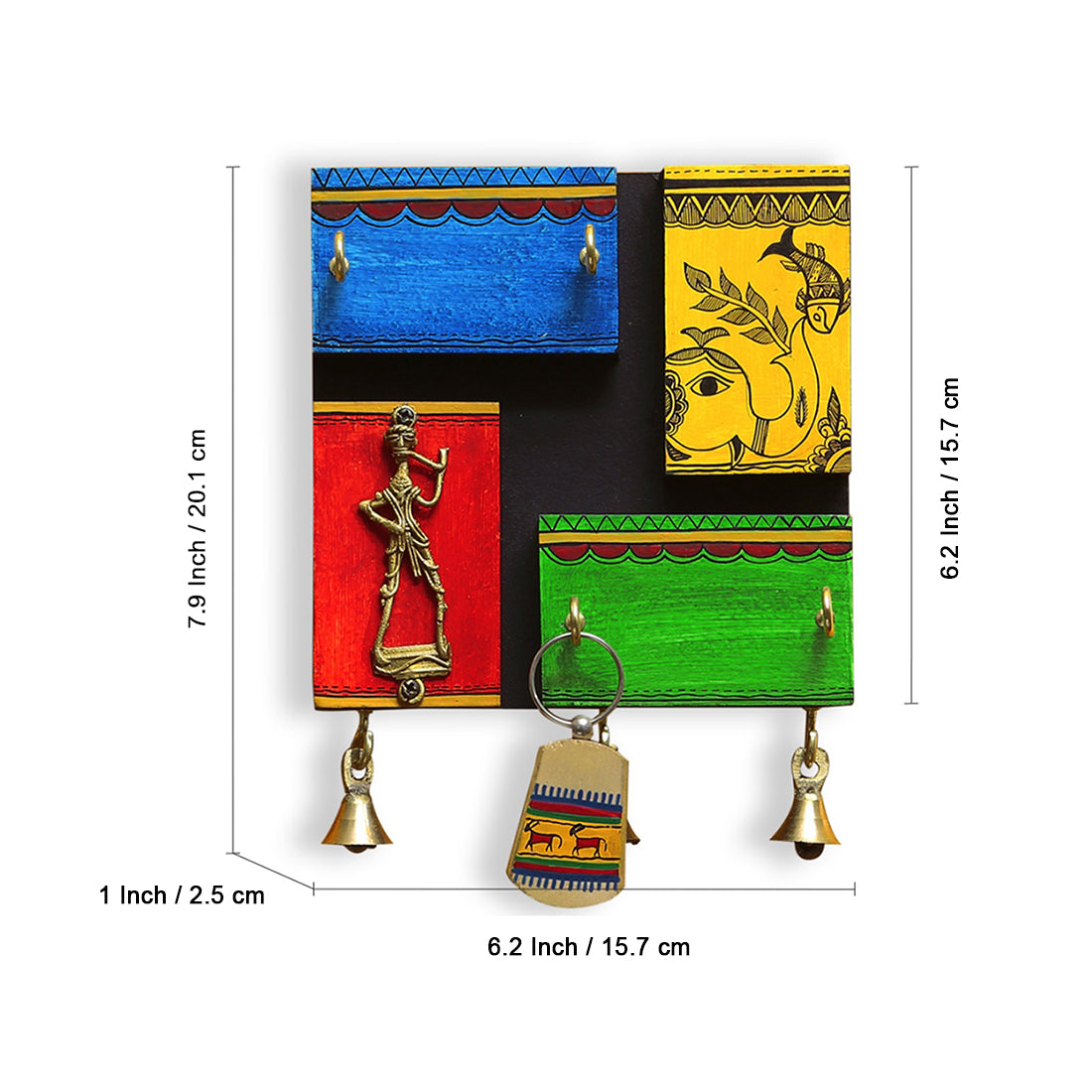 EXCLUSIVELANE 'In-Key-Geneous' Warli Handpainted Wooden Key Holder with Dhokra Art (5 Hooks) - view 5