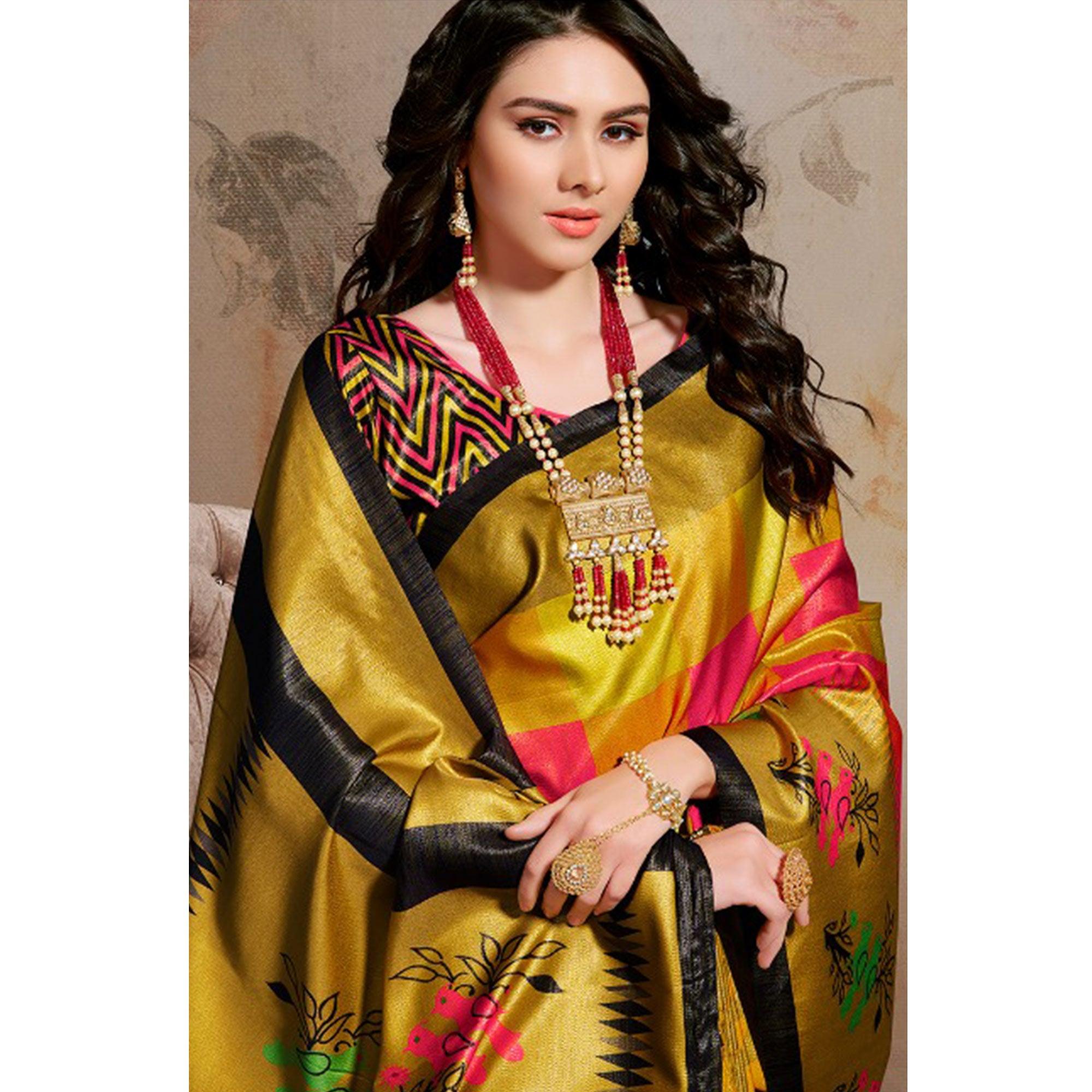 Peachmode Intricate Multi Colored Festive Wear Printed Silk Blend Saree With Tassels - view 2