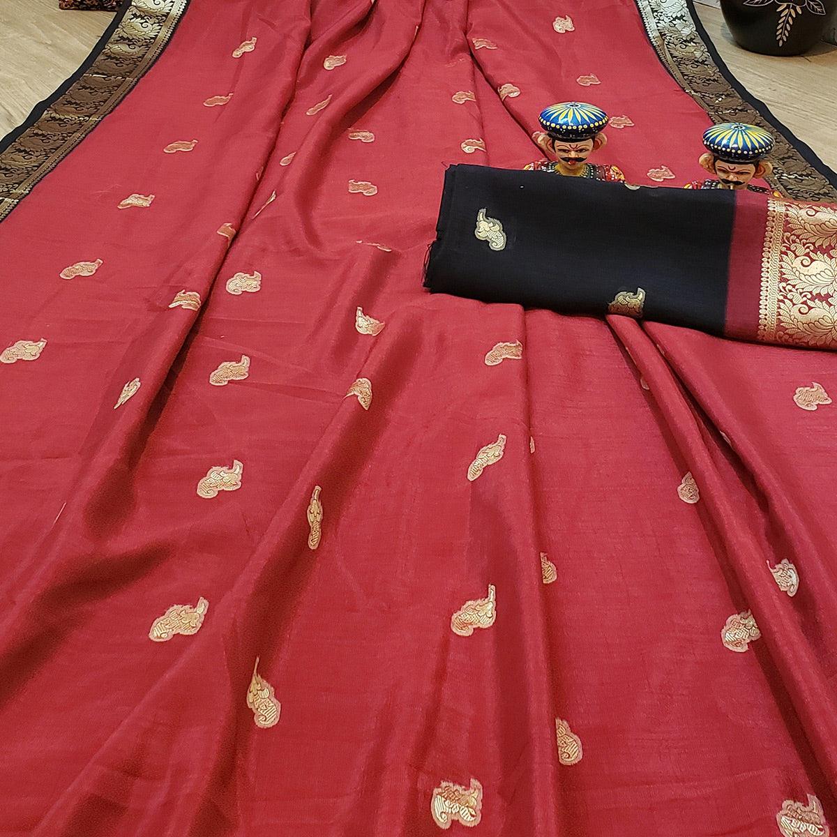 Peachmode Hypnotic Red Colored Festive Wear Woven Soft Vichitra Silk Saree - view 2