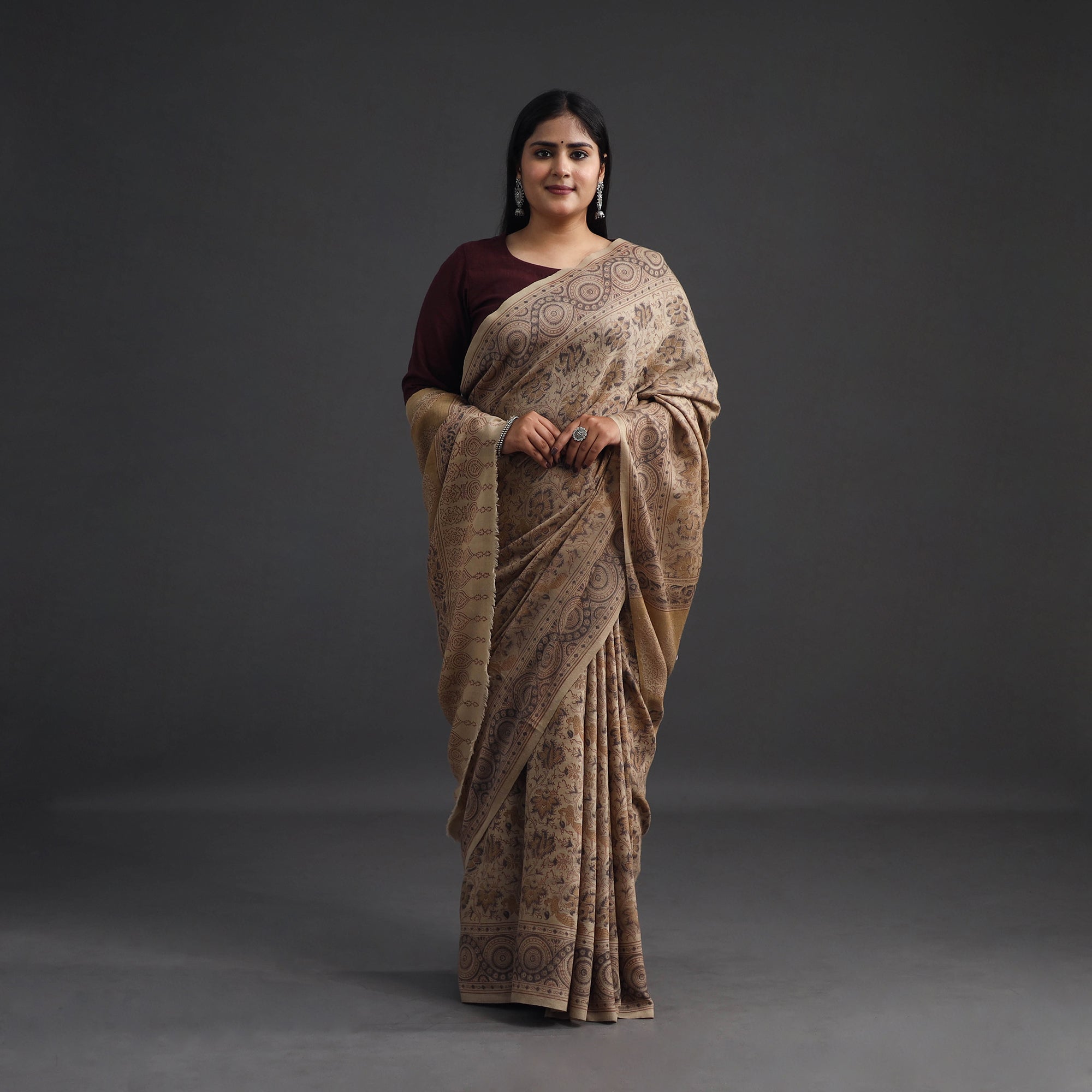 PITCHUKA SRINIVAS KALAMKARI PEDANA Beige - Pedana Block Print Merino Wool Kalamkari Saree 01