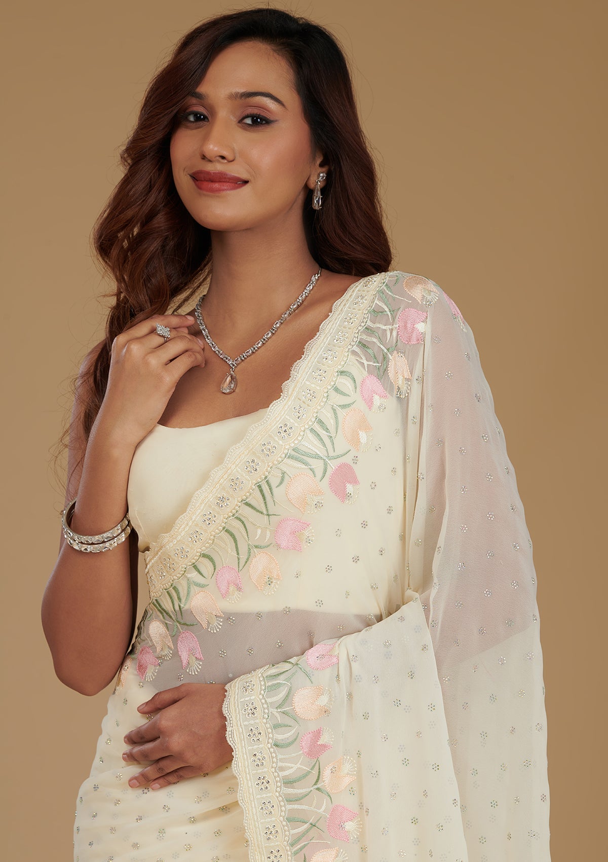 Koskii Cream Sequins Georgette Saree – Women's - view 6