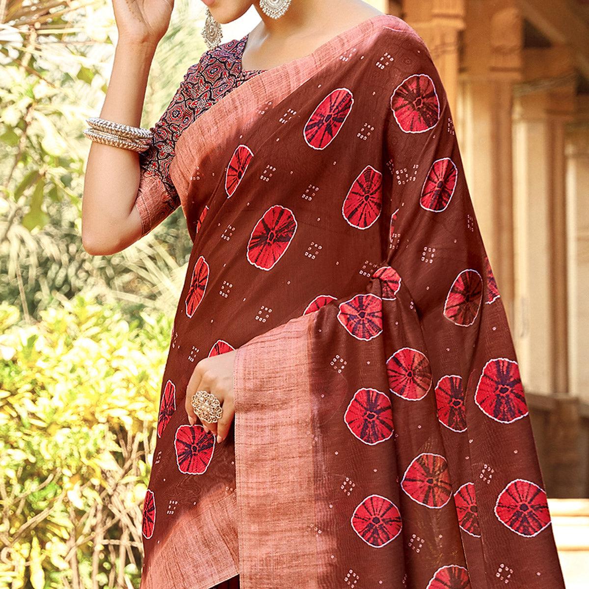 Peachmode Desirable Brown Colored Digital Printed Festive Wear Linen Designer Saree - view 2